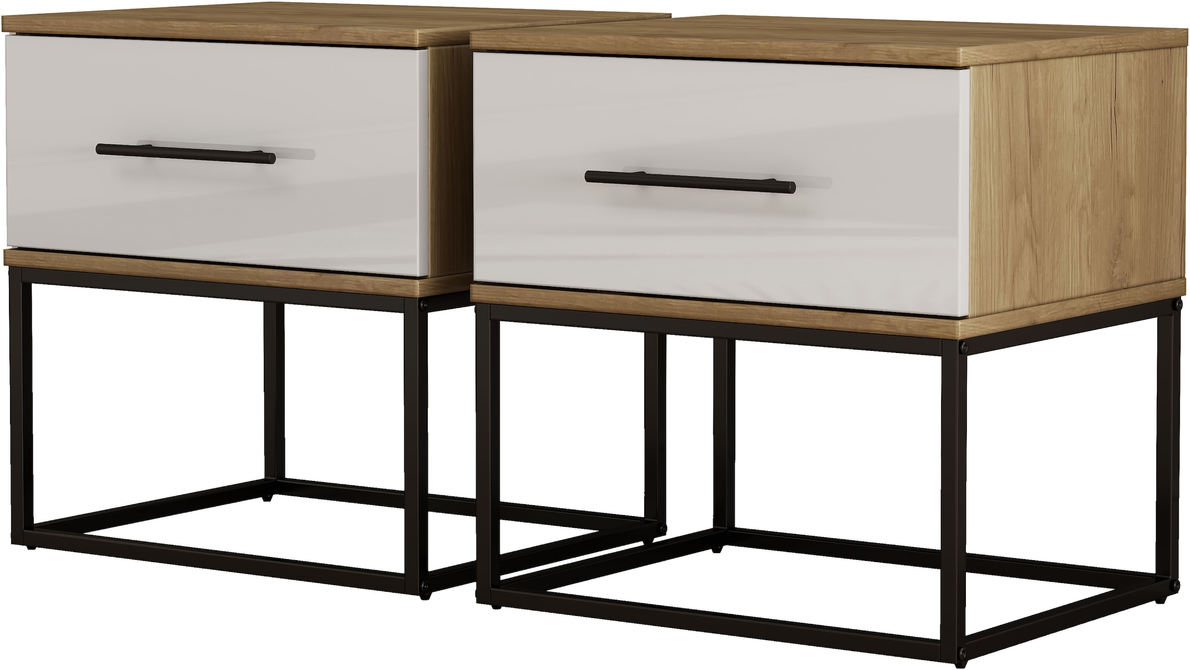 OTTO home Nachtkommode »Lucca Nachttisch Set mit Metallkufen und schwarzen Griffen« Set, 2 Schränke im Set , Hochglanz Fronten in weiß, 