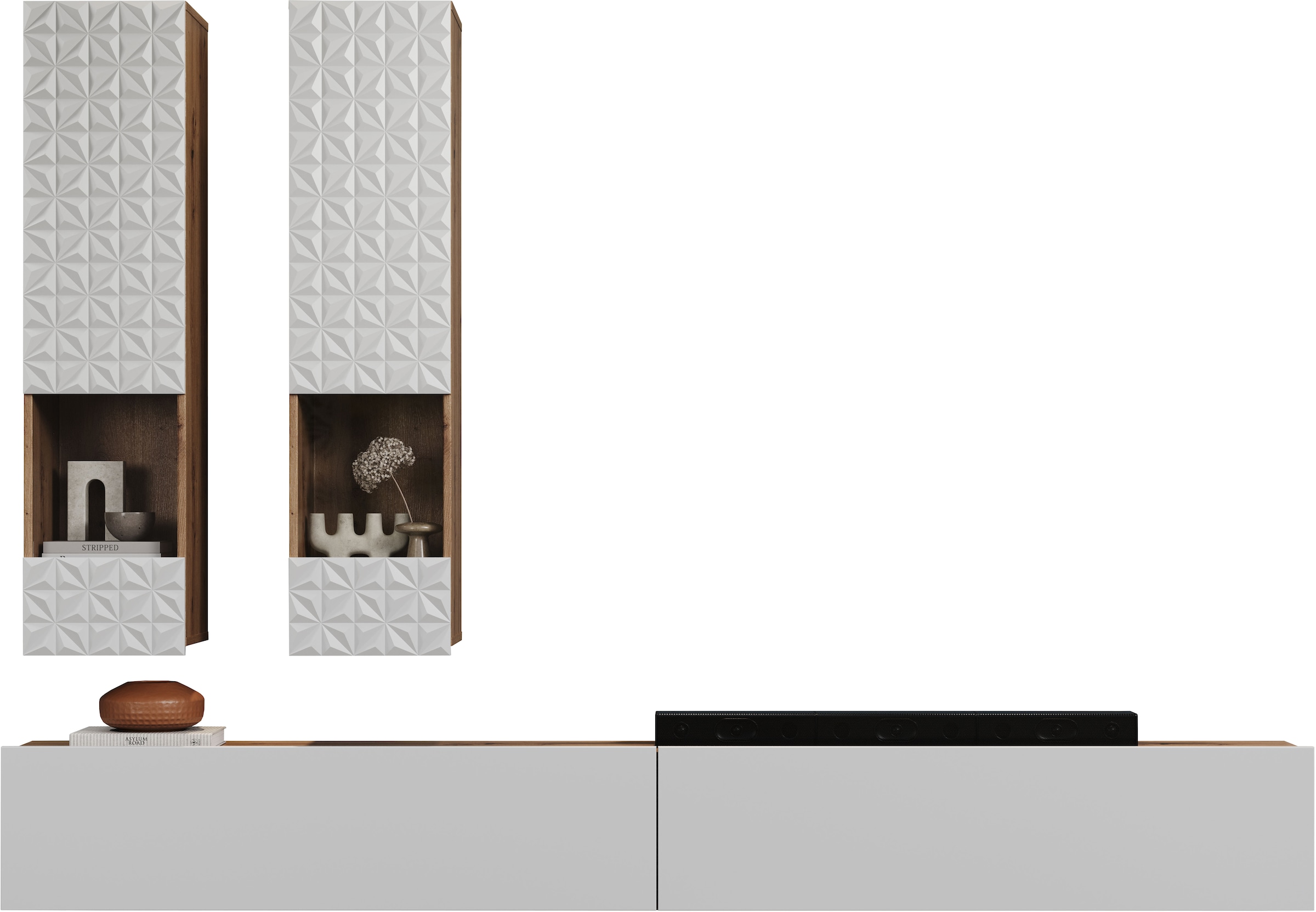 INOSIGN Wohnwand »Rezzo, 2 Hängevitrinen mit Relief-Front, 2 Lowboards je Br. 120 cm«, (Komplett-Set, 4 St.), insgesamt Br. 240 cm, Montage stehend oder hängend