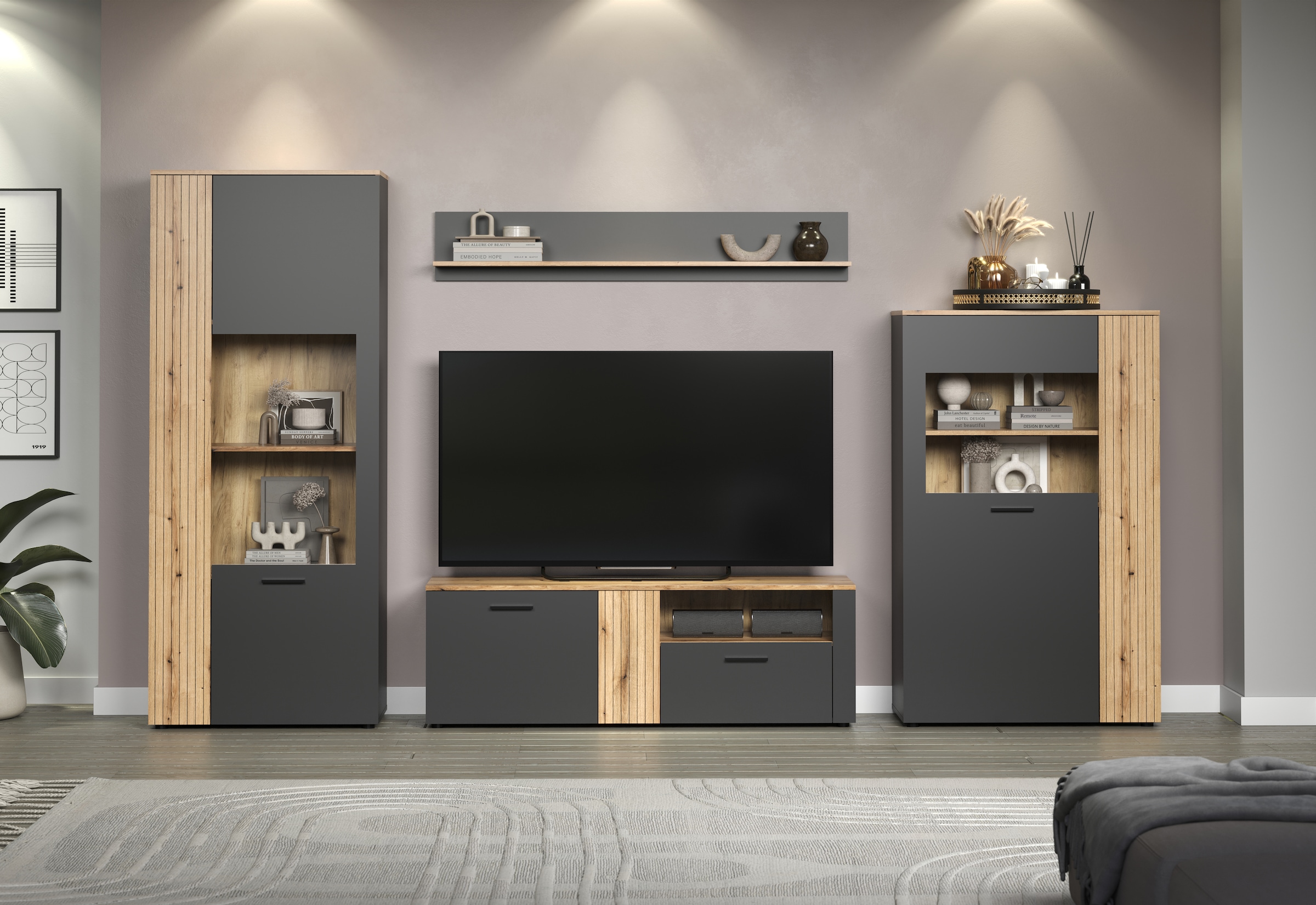 INOSIGN Wohnwand »Estepona«, (Komplett-Set, 4 St.), Wohnzimmermöbel mit Rillenoptik - (B/T/H): 340/42/195 cm