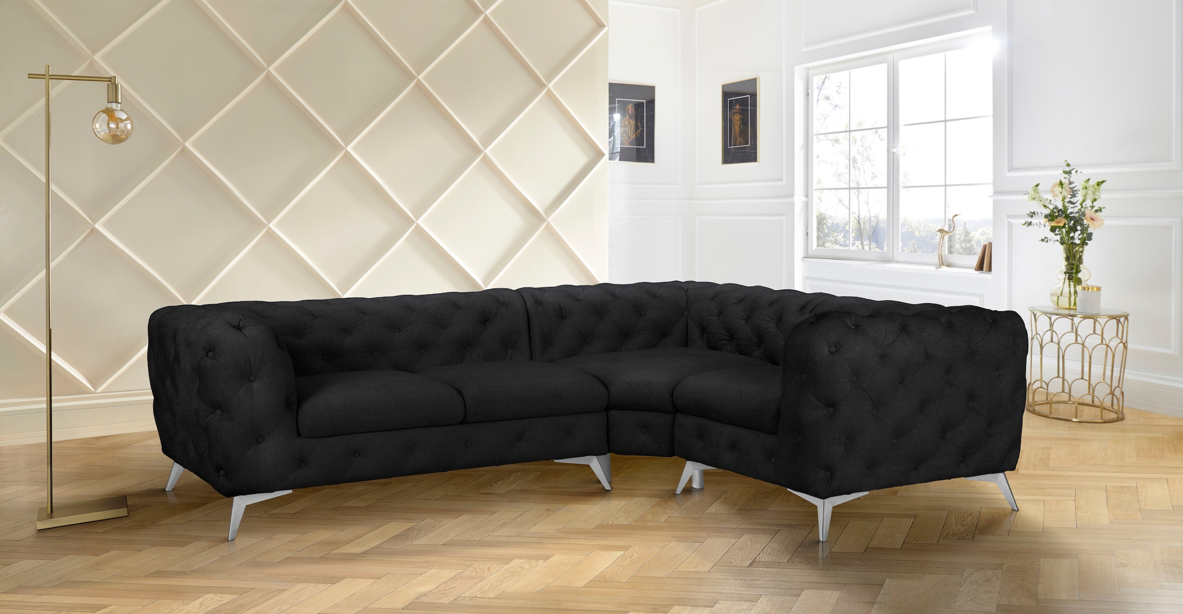 Leonique Chesterfield-Sofa »Ecksofa GLYNIS L-Form mit Wellenunterfederung, Maße B/T/H 264/204/75cm«, aufwändige Knopfheftung, moderne Chesterfield Optik, Fußfarbe wählbar