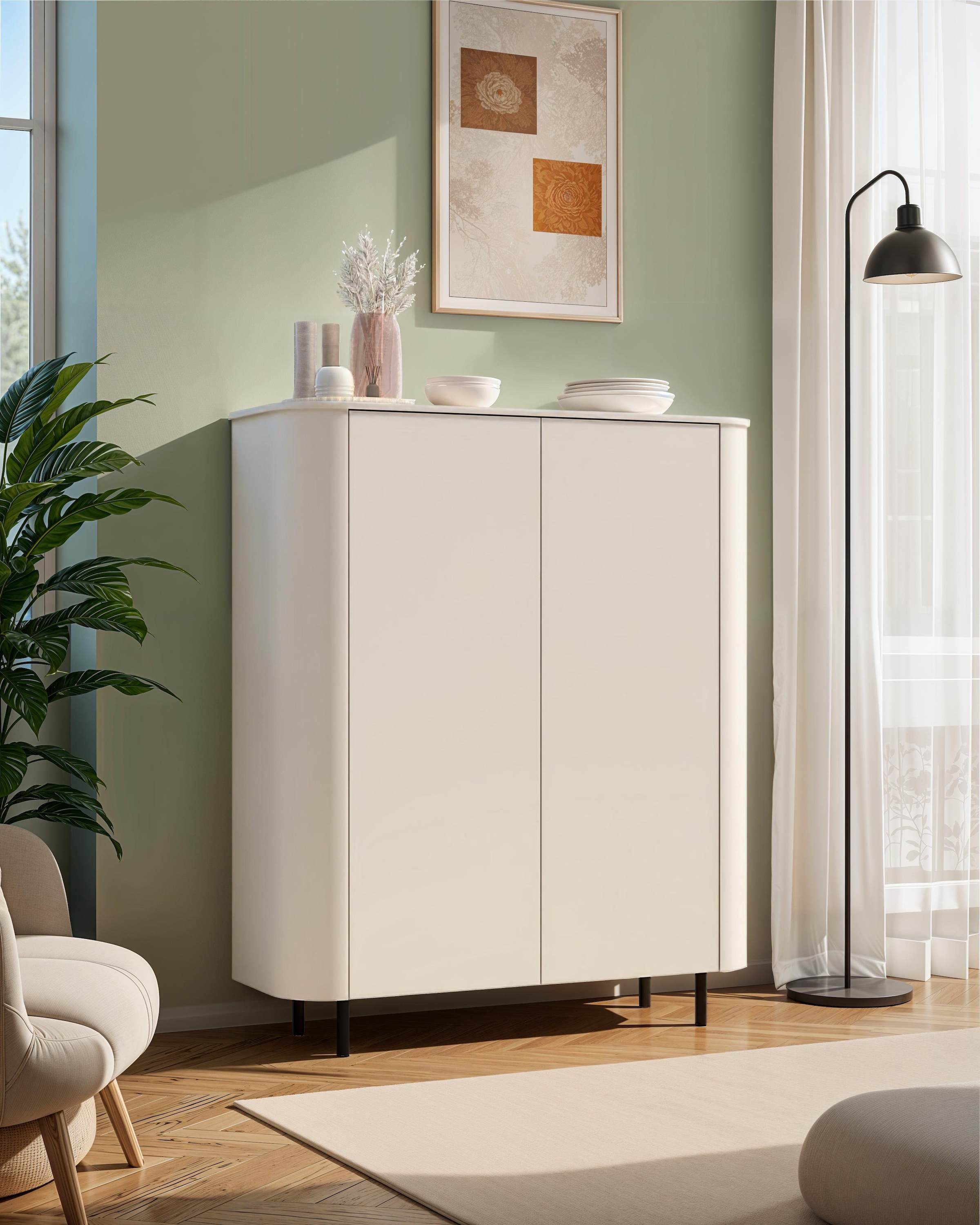 INOSIGN Highboard »Lido, B/H 131/154 cm, 2 Türen, Stauraumschrank, Hochkommode« Formgebogenes MDF, Stirnseiten mit Rundung, Push-to-open, Metallfüße