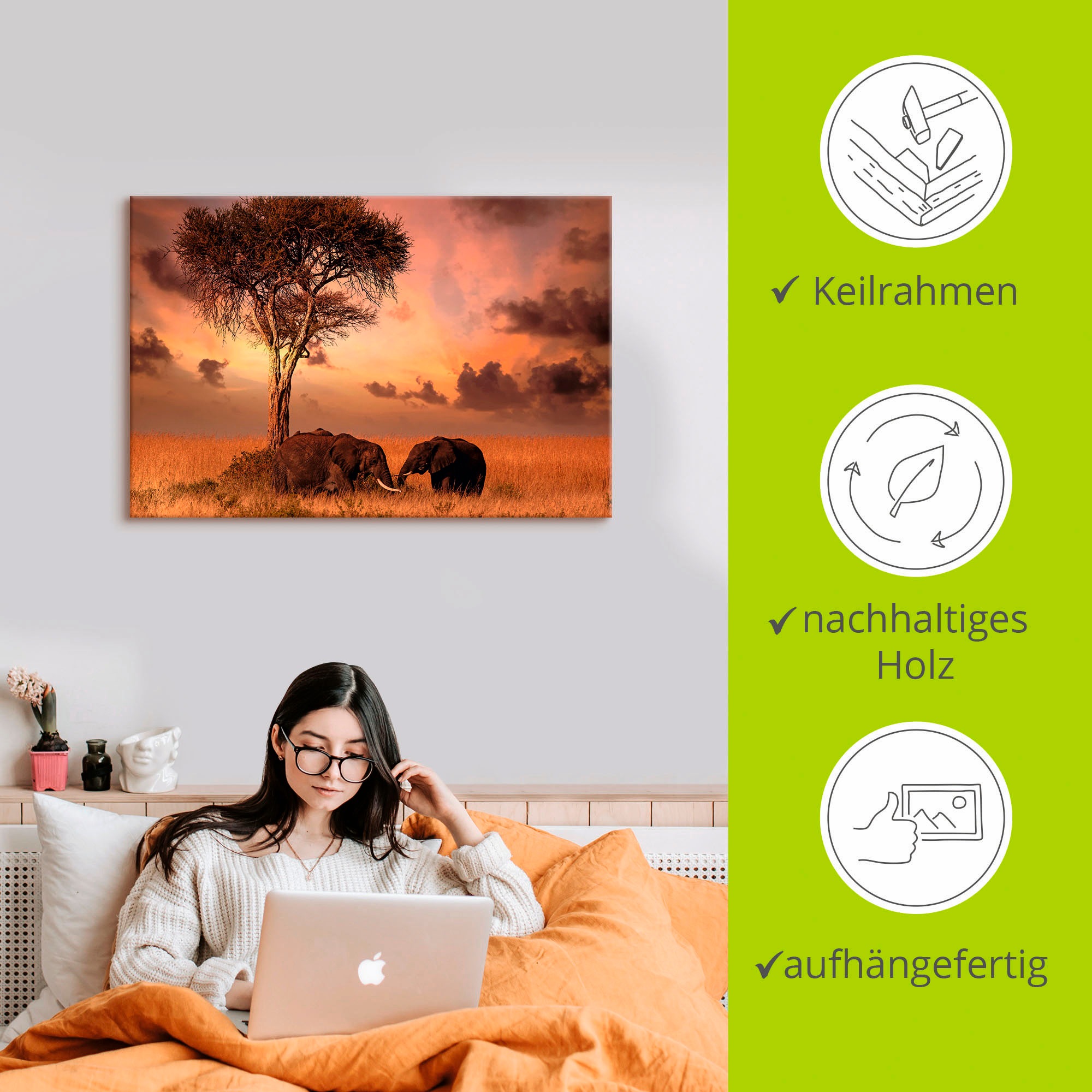 Artland Leinwandbild »Elefanten zum Abendessen« Wildtiere 1 Stk. tlg. auf Holzrahmen gespannt