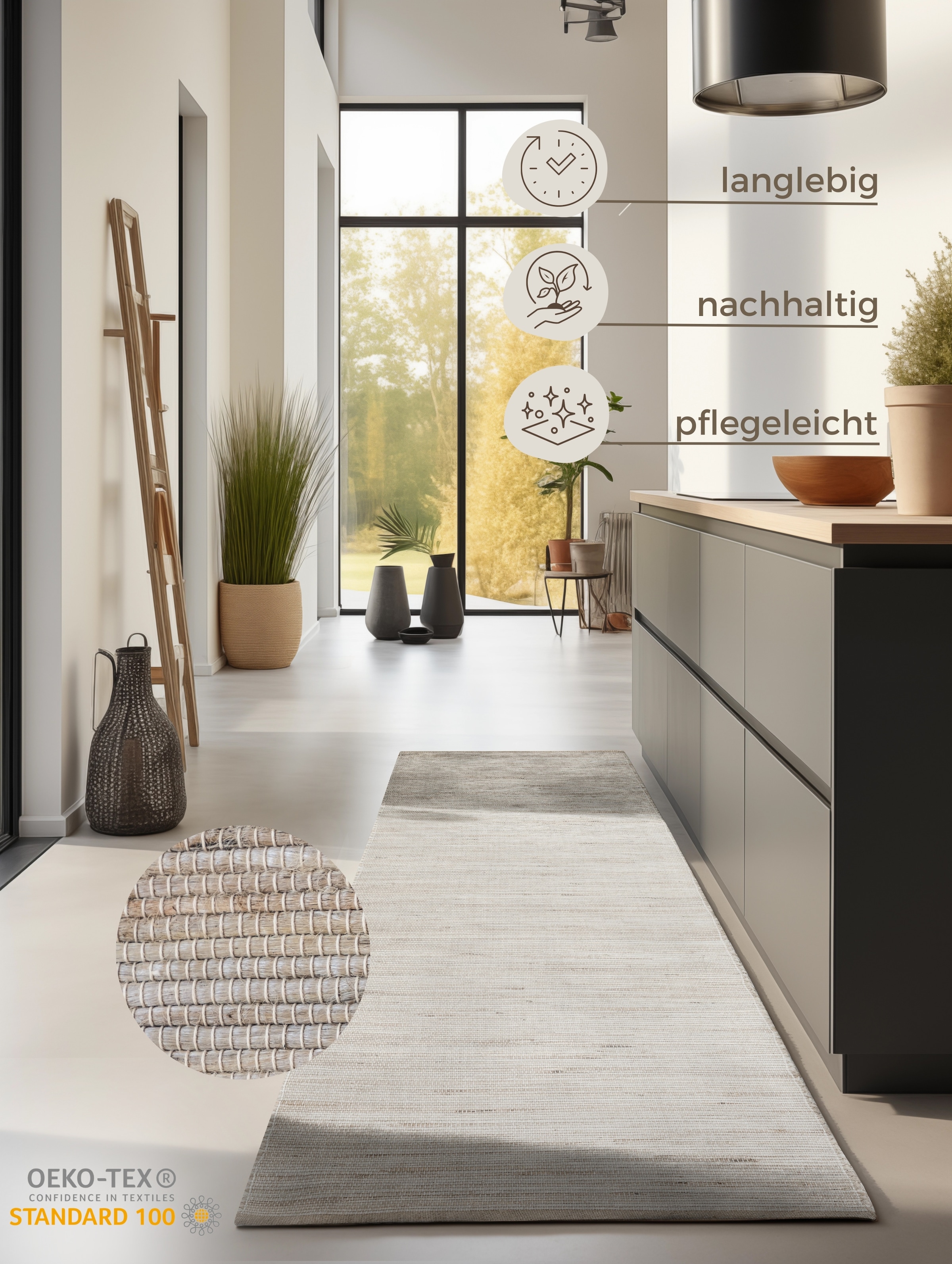 HANSE Home Teppich »Dhaka Juteteppich«, rechteckig, 5 mm Höhe, Läufer, handgewebt, Jute, Wolle, Natur, Wohnzimmer, Flur, Klassisch