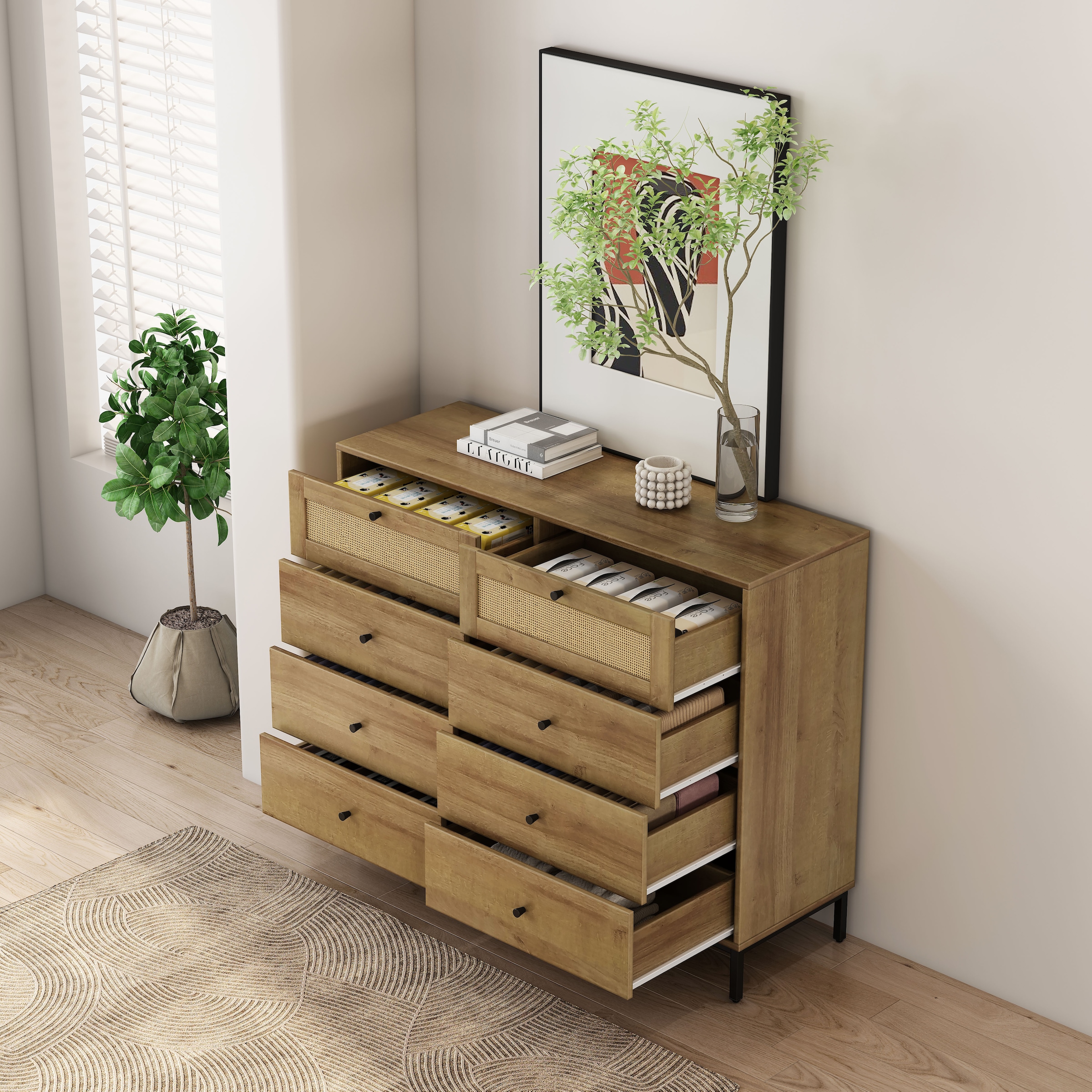 OTTO home Kombikommode »Motala Wäsche Schrank mit 8 Schubladen Sideboard BOHO Design« Eichen-Design mit schwarzen Griffen und Geflecht Schubladen,  Kommode Schrank Wäscheschrank mit 8 Schubladen