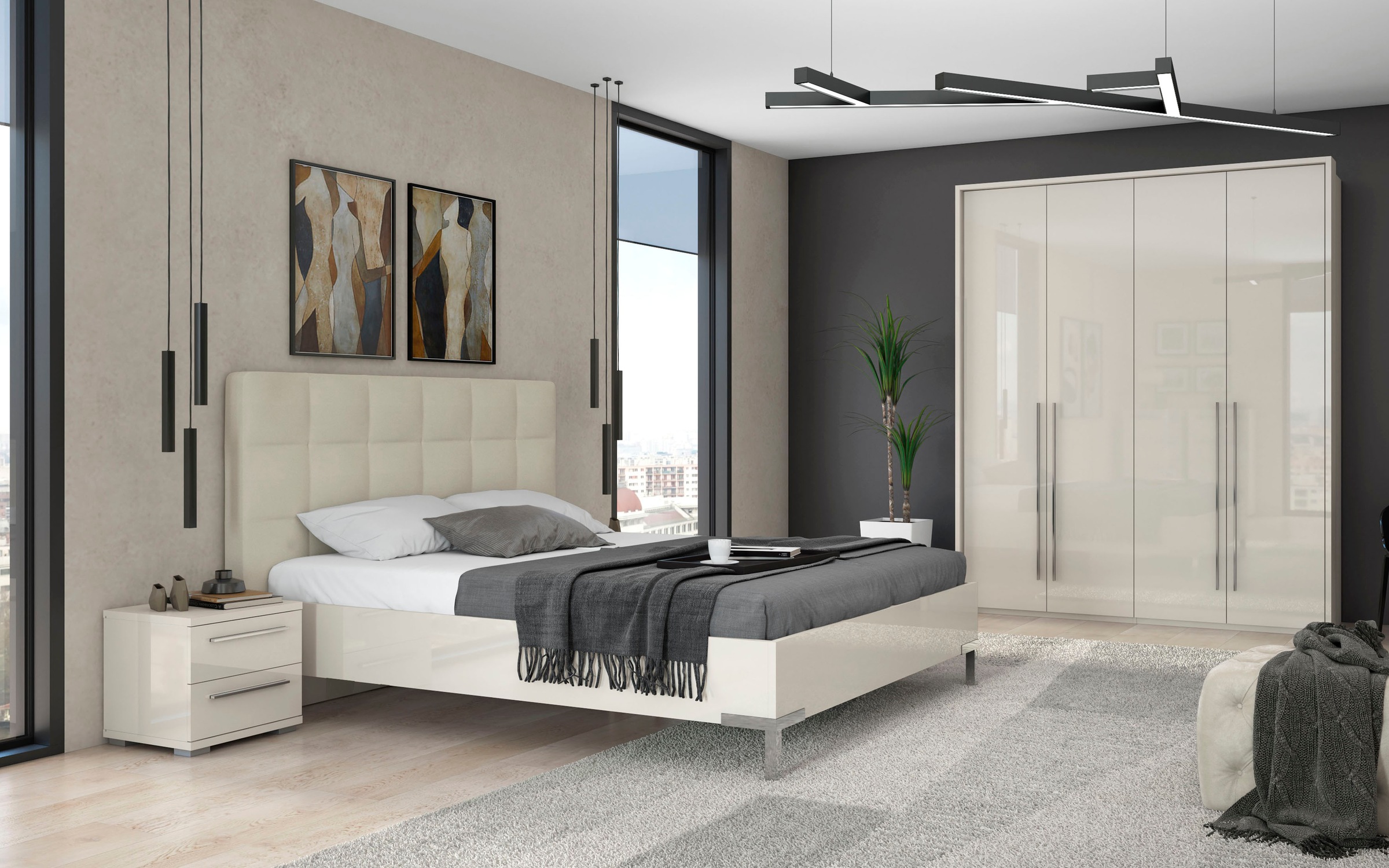 Places of Style Kleiderschrank »Piano, inklusive Rahmen und Beleuchtung, soft-close-Funktion«, (viele Breiten zur Auswahl, 226cm hoch), beige oder weiß, UV lackiert, Hochglanzfronten, FSC-zertifiziert