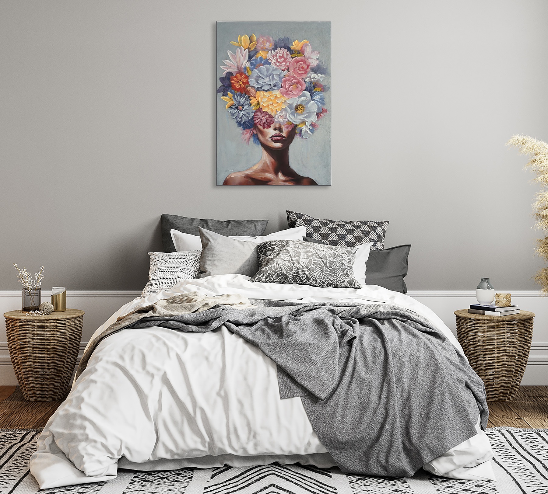 Bönninghoff Ölgemälde »handarbeit gerahmt FRAU MIT BLUMEN 60x90 cm – Wandbild Deko« Blumen | Frau | Portrait 1 Stk. tlg. handgefertigt, jedes Bild ein Unikat, Schattenfugenrahmen