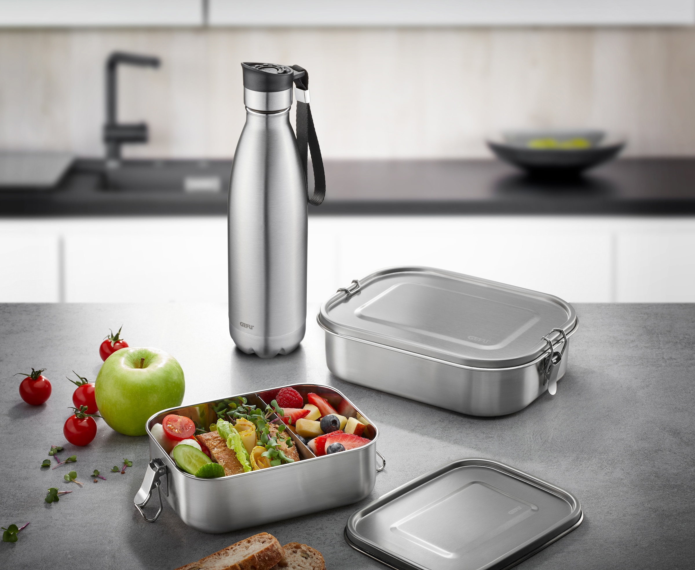GEFU Thermoflasche »OLIMPIO«, (mit Haltegurt), ideal für kohlensäurehaltige Getränke