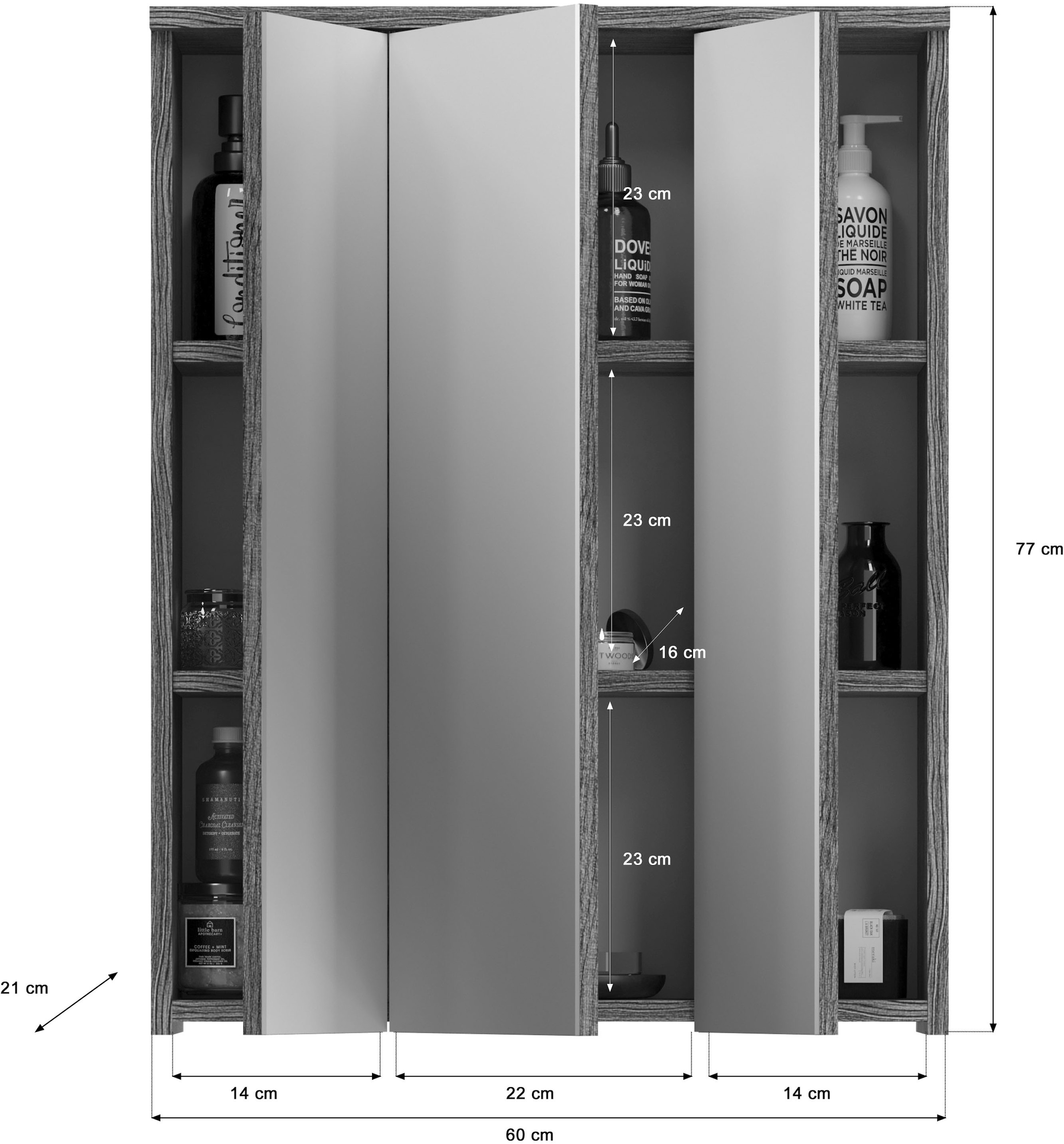 welltime Badezimmerspiegelschrank »LUCCA, TOPSELLER!, Breite 60cm, 3 Spiegeltüren, 9 Fächer, 6 Fachböden«, Badmöbel, Badschrank, Schrank, Wandschrank, Bad, Badezimmer