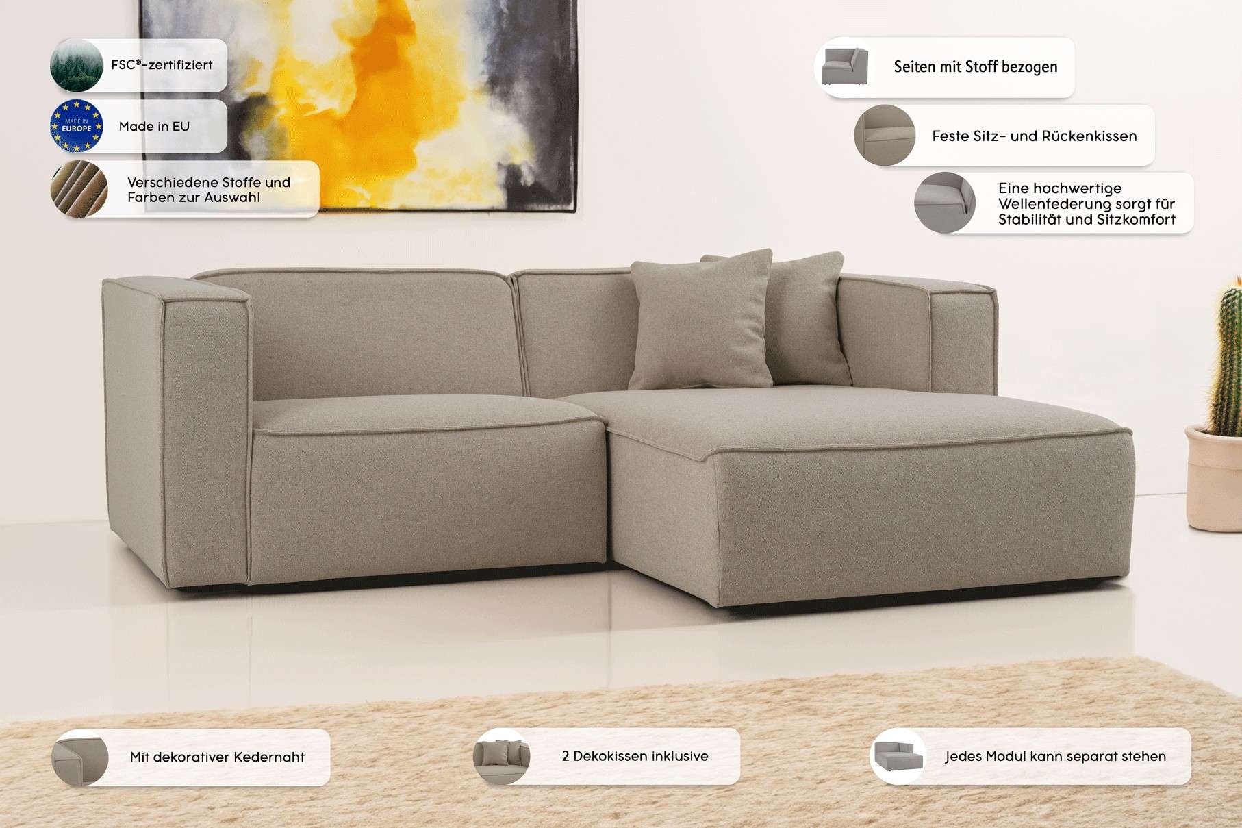 OTTO home Ecksofa »Tammie«, Breite 222 cm, Webstoff fein, bodentief, mit Wellenunterfederung