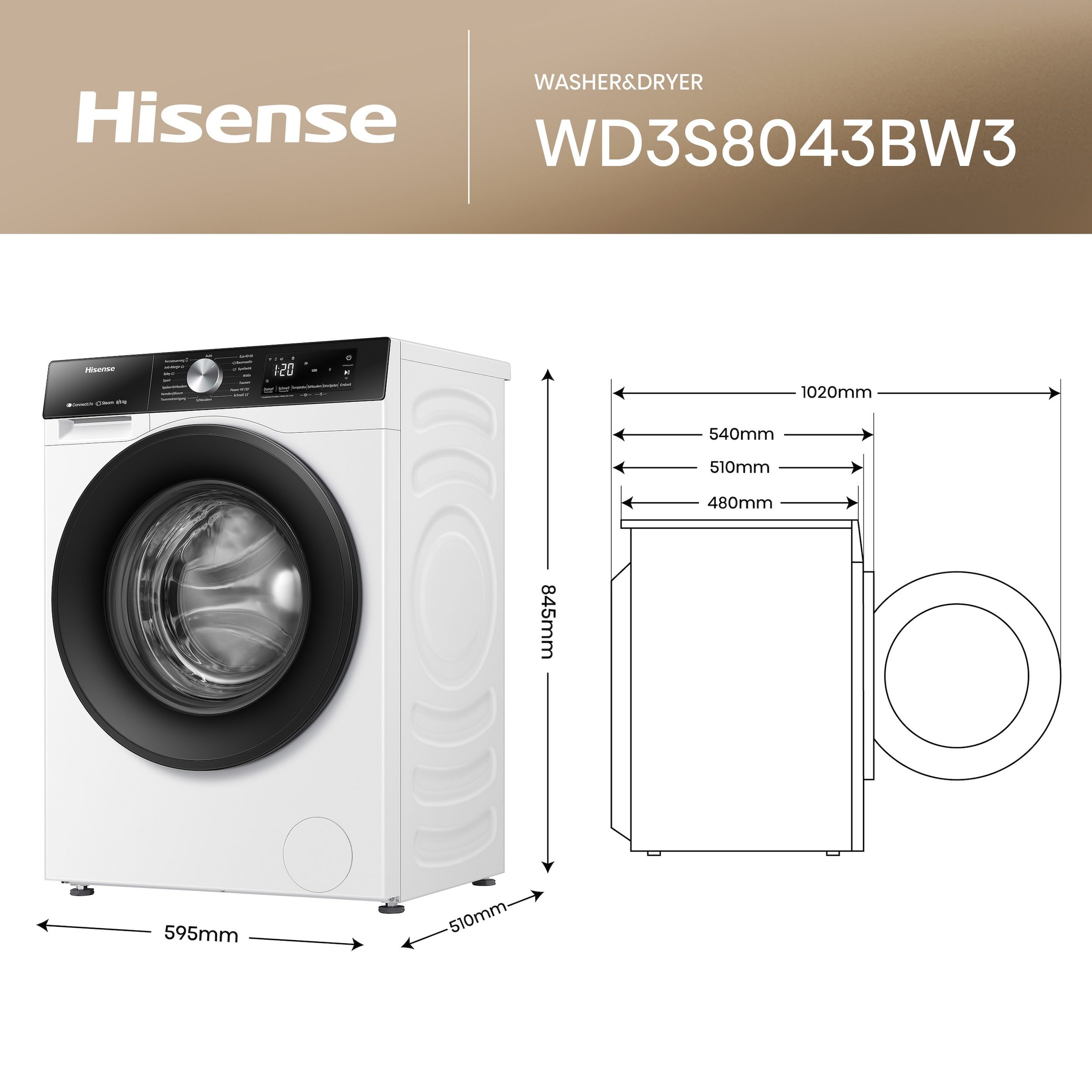 Hisense Waschtrockner »WD3S8043BB3« 8 kg /5 kg 72 dB(A)