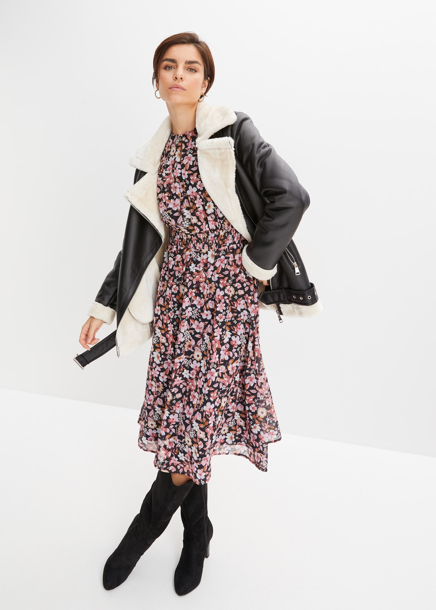 bonprix Bikerjacke unifarbenes Design mit Farbeinsätzen, mit Fellimitatkragen