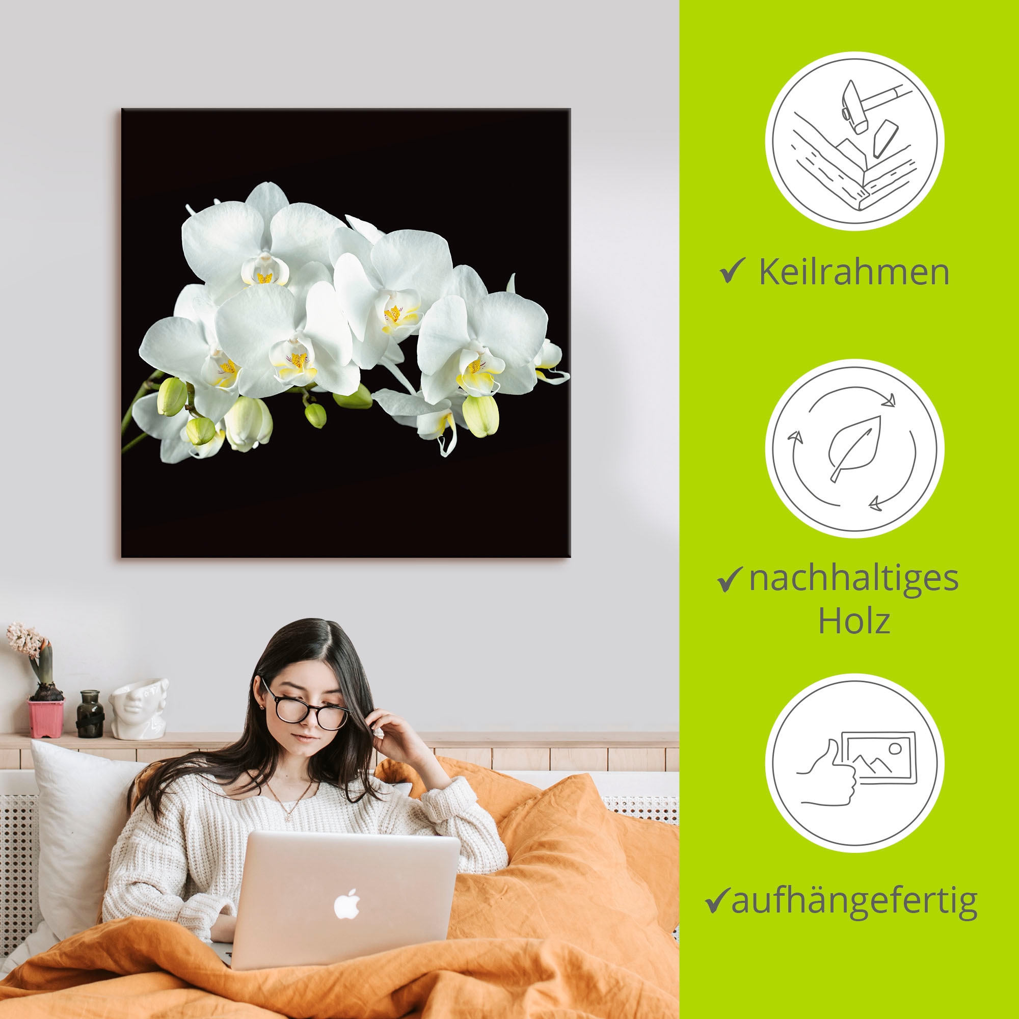 Artland Wandbild »Weiße Orchidee auf schwarzem Hintergrund«, Blumen, (1 St.), als Leinwandbild, Poster, Wandaufkleber in verschied. Größen
