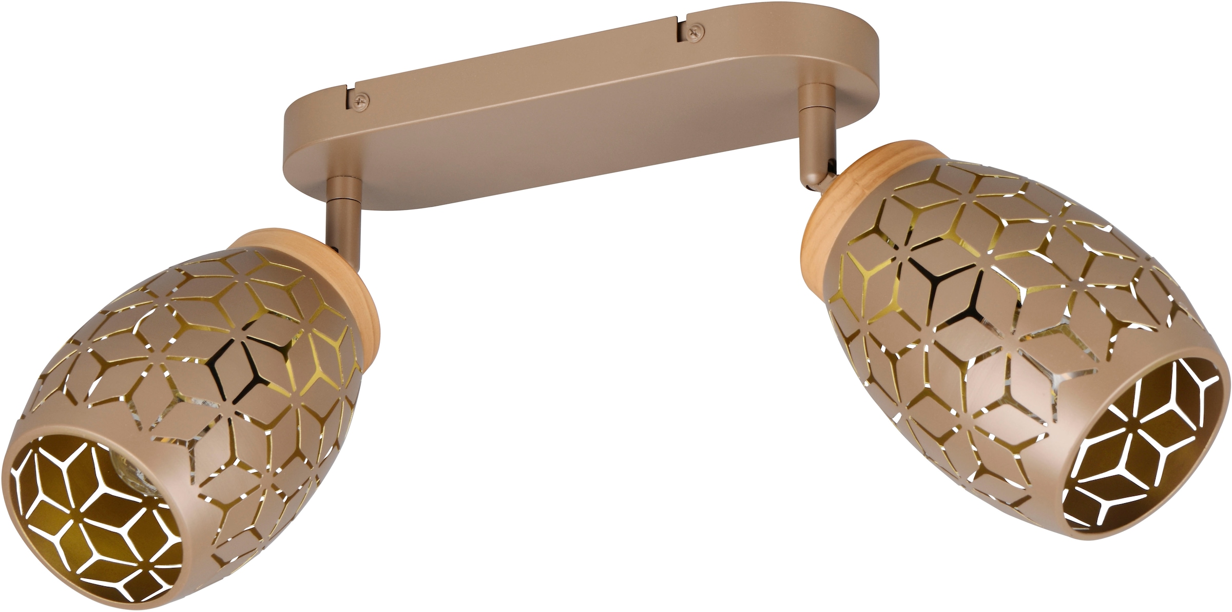 REALITY Leuchten Deckenstrahler »BIDAR 2-flammig, exkl 2x E14 max 10W, Wand- oder Deckenmontage möglich« E14 1 Stk. warmweiß - kaltweiß Spots verstellbar, Metall-Lampenschirm mit Lasercut Optik + Holz Dekor