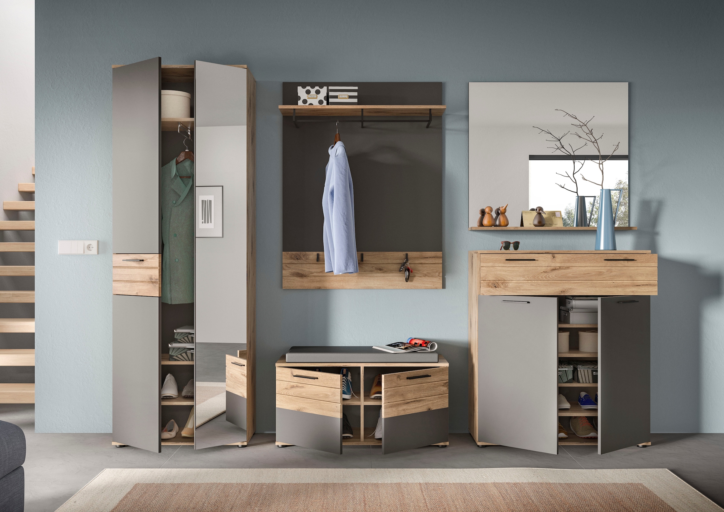 INOSIGN Schuhkommode »Riga, Breite 90 cm, 2 Türen, 1 Schubkasten, 4 Einlegeböden, 5 Fächer«, hochwertige Rillenfräsung, mit Softclose, Kommode, Anrichte, Schrank