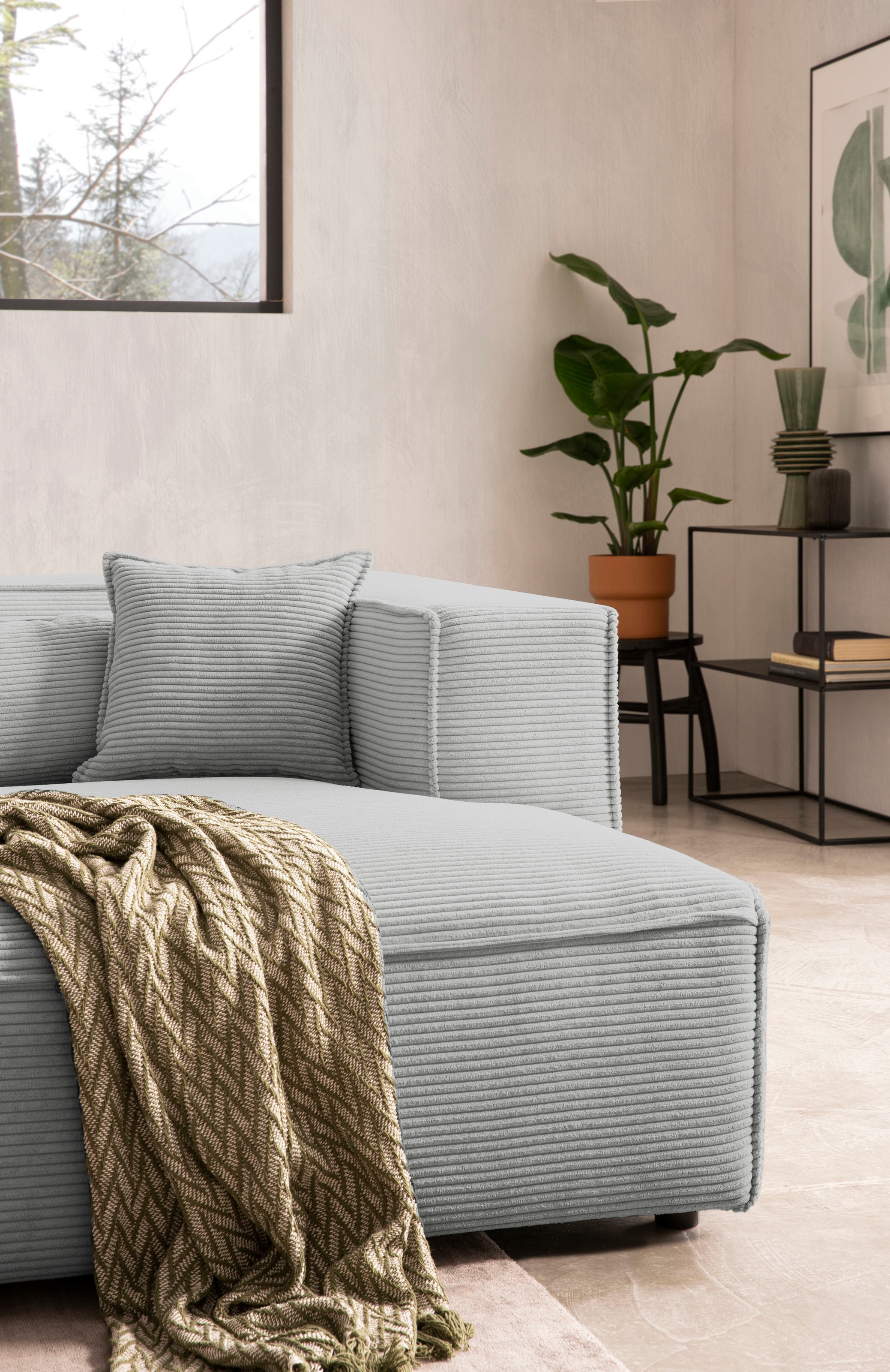 LeGer Home by Lena Gercke Ecksofa »PIARA mit Kedernaht in Cord oder Leinenoptik, moderne Couch in L-Form«, wahlweise Ottomane rechts/links, schwarze Füße, bequemer Sitzkomfort