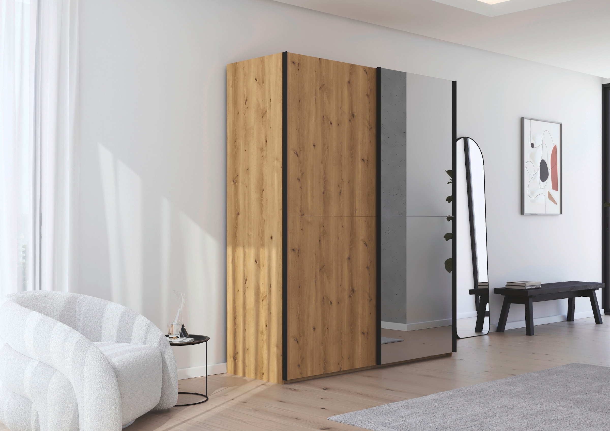 rauch Schwebetürenschrank »Kleiderschrank Schrank Garderobe Schlafzimmerschrank SCALE-WOOD« edle geteilte Front in massiver Asteiche mit Spiegel MADE IN GERMANY