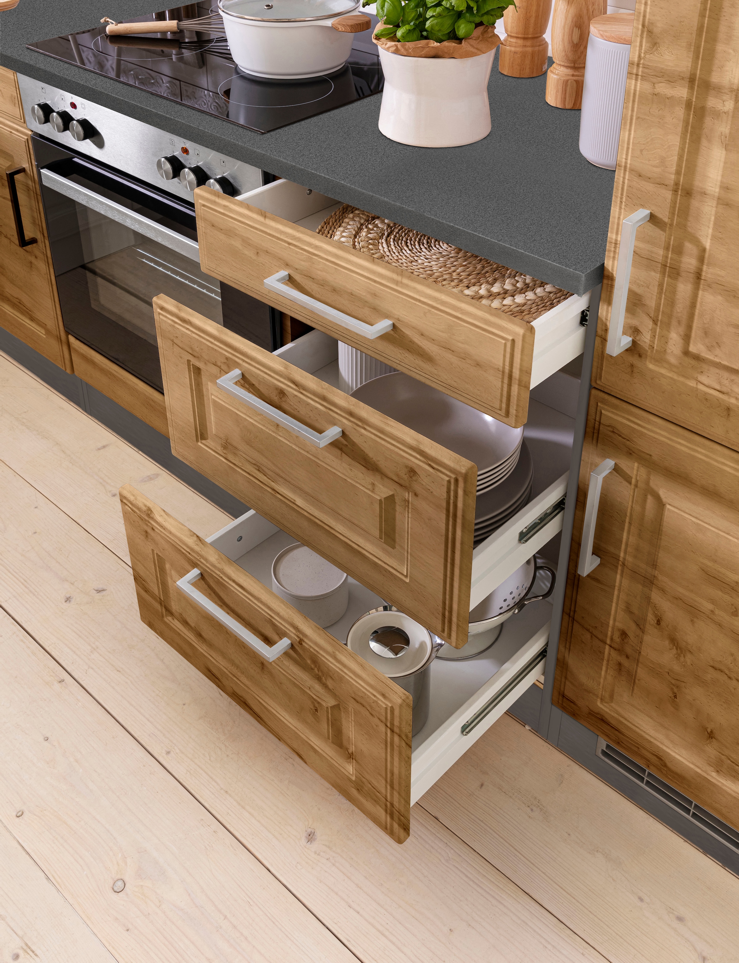 KOCHSTATION Winkelküche »KS-Stockholm« Stellbreite 220/310 cm, mit hochwertigen MDF Fronten im Landhaus-Stil