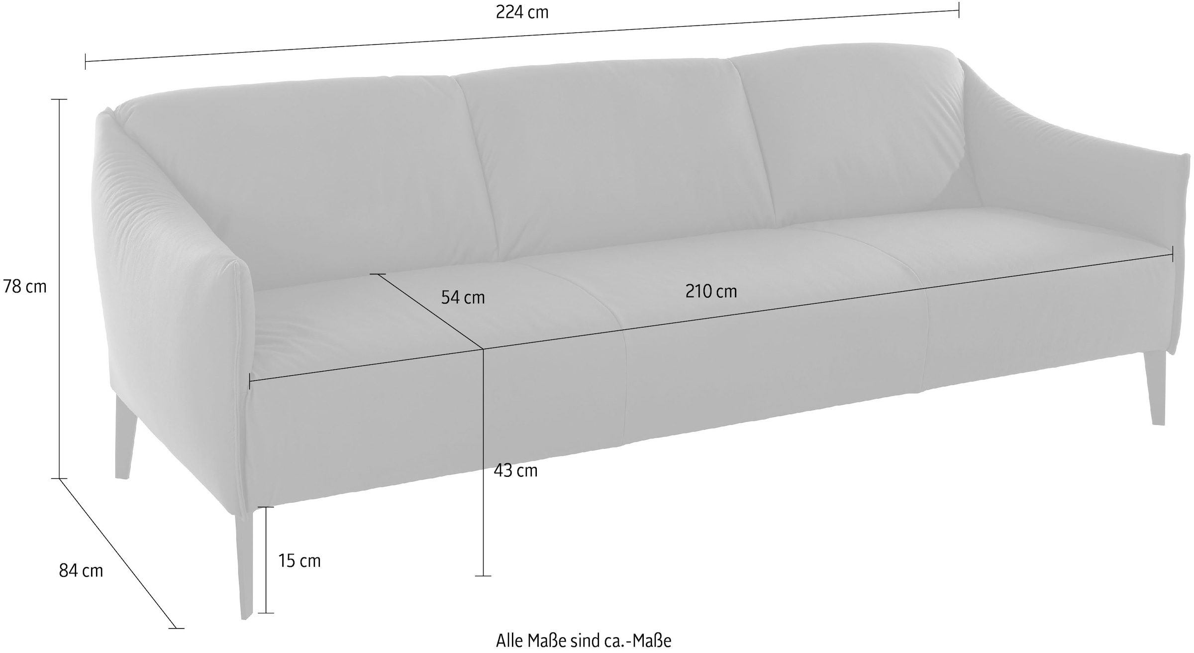 W.SCHILLIG 3-Sitzer »sally« mit Metall-Winkelfüßen in Silber matt, Breite 224 cm