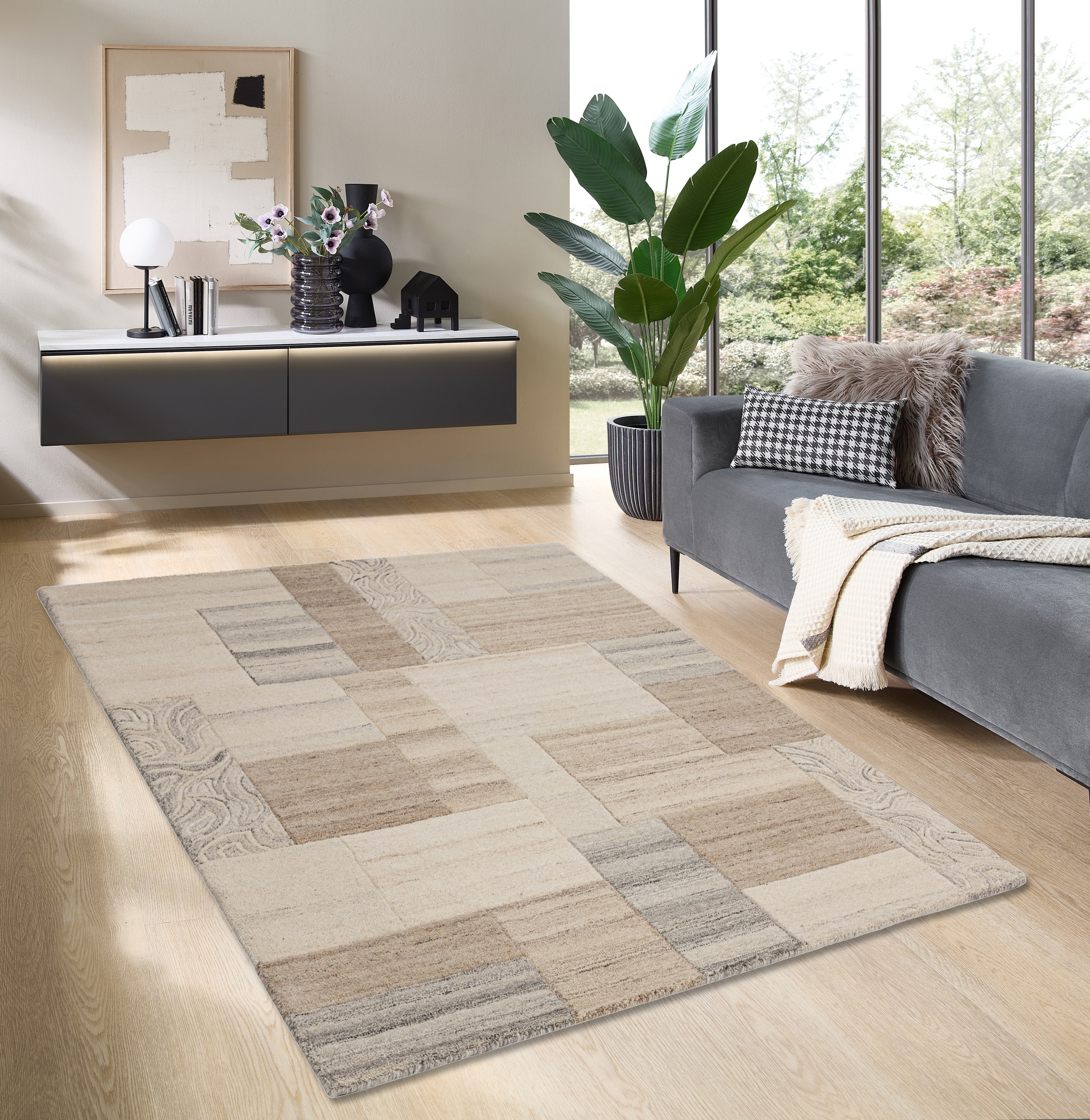 THEKO Wollteppich »Lola, Wolle, handgearbeitet, Patchwork Design, handgetuftet«, rechteckig, 12 mm Höhe, Wohnzimmer, Schlafzimmer, Esszimmer, auch als Läufer und rund