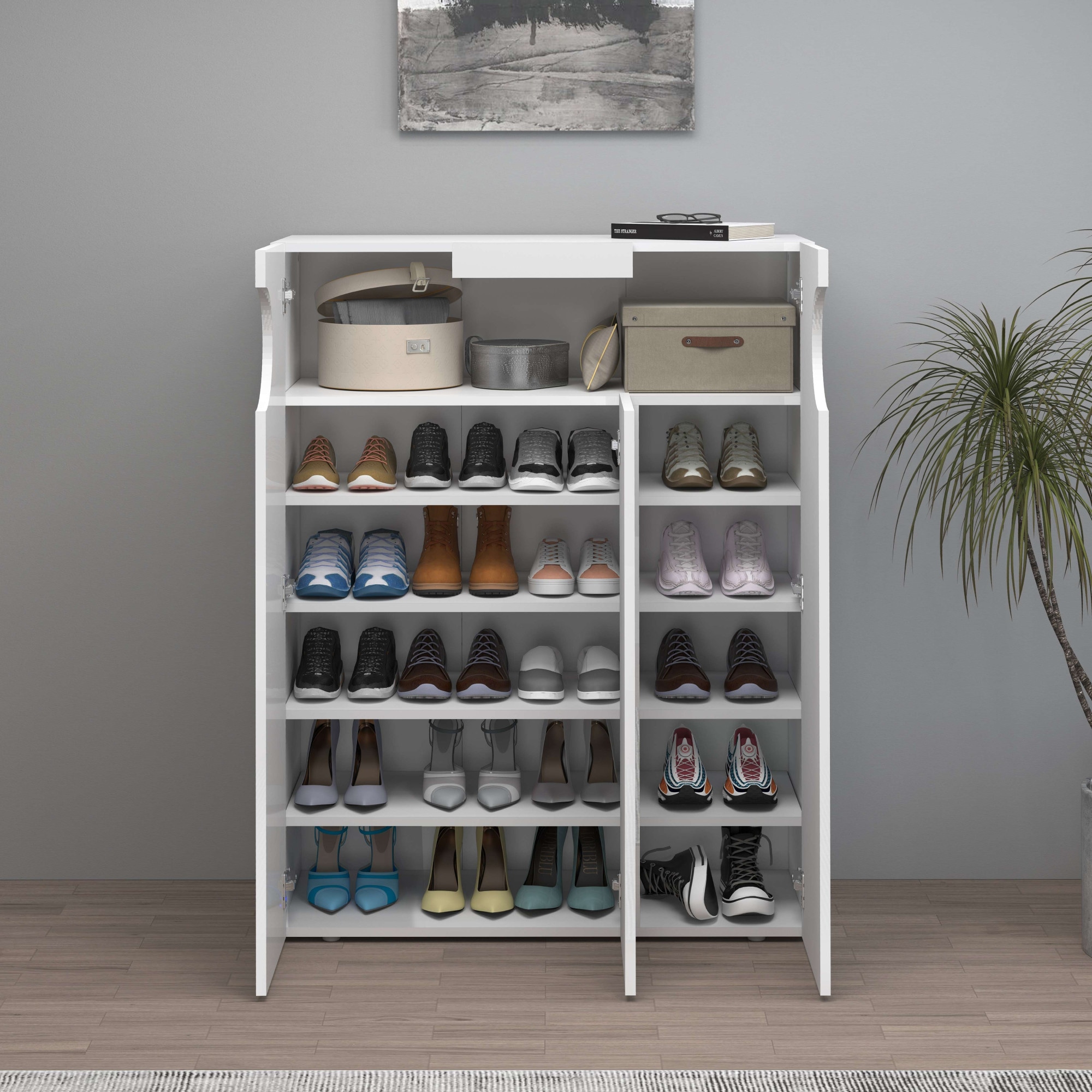INOSIGN Schuhschrank »Real,Schuhschrank,Schuhkommode,Schuhregal,Breite 90 cm«, komplett Hochglanz lackiert, 3 Türen mit offenem Fach in ovaler Form