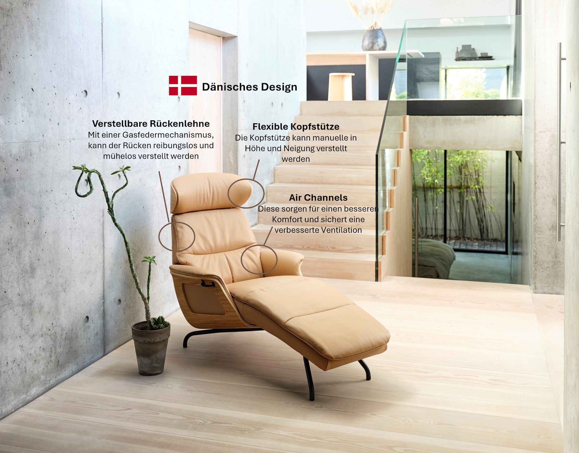 FLEXLUX Loungesessel »Clement Chaislongue, Relaxstuhl, Liegesessel,«, Rücken- & Kopfteilverstellung, Armlehne gepolstert geölt, Fuß Alu