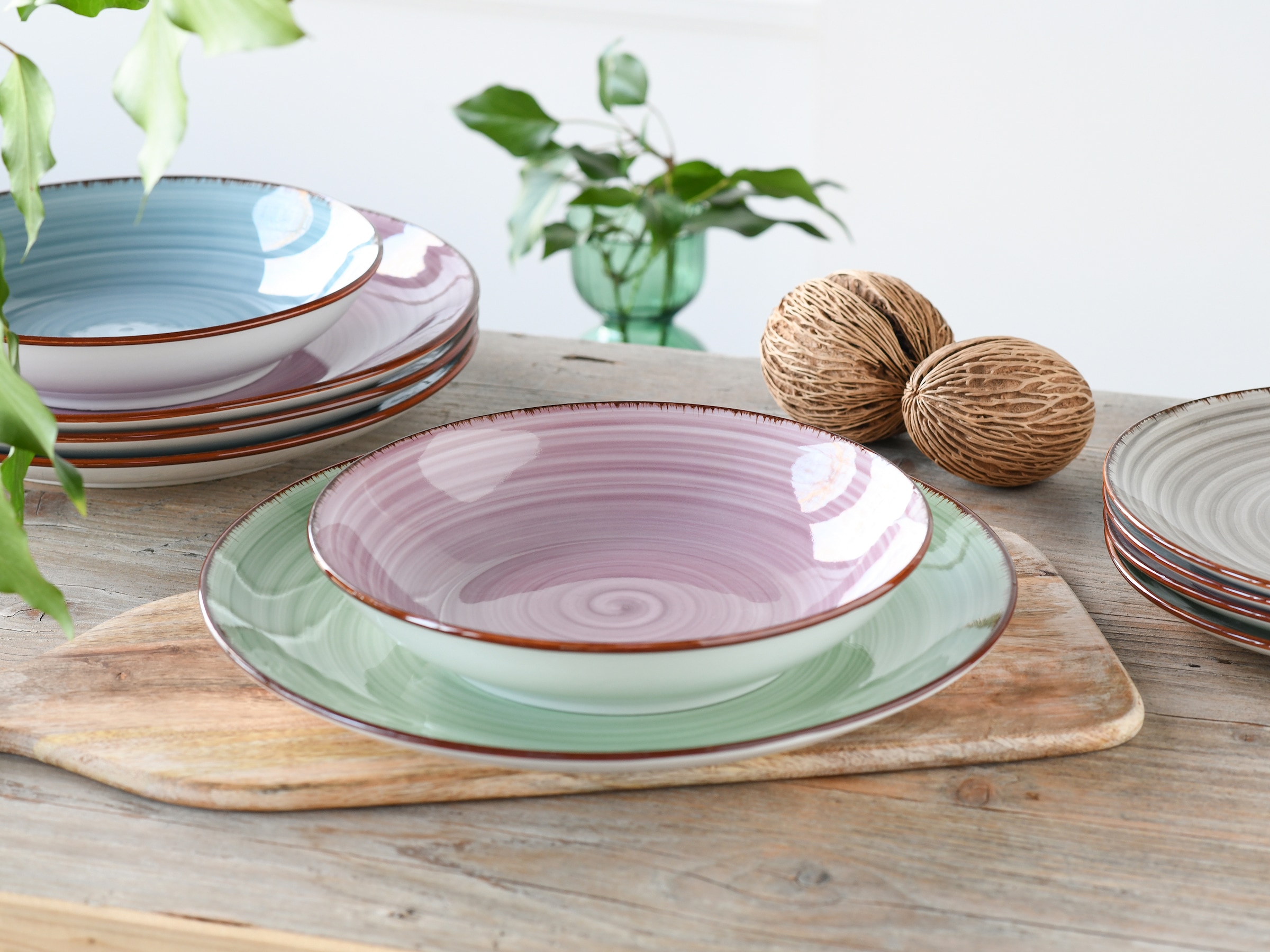 CreaTable Teller-Set »Samba Bunt, Tellerset 12 tlg« Handgemalter Spiraldekor