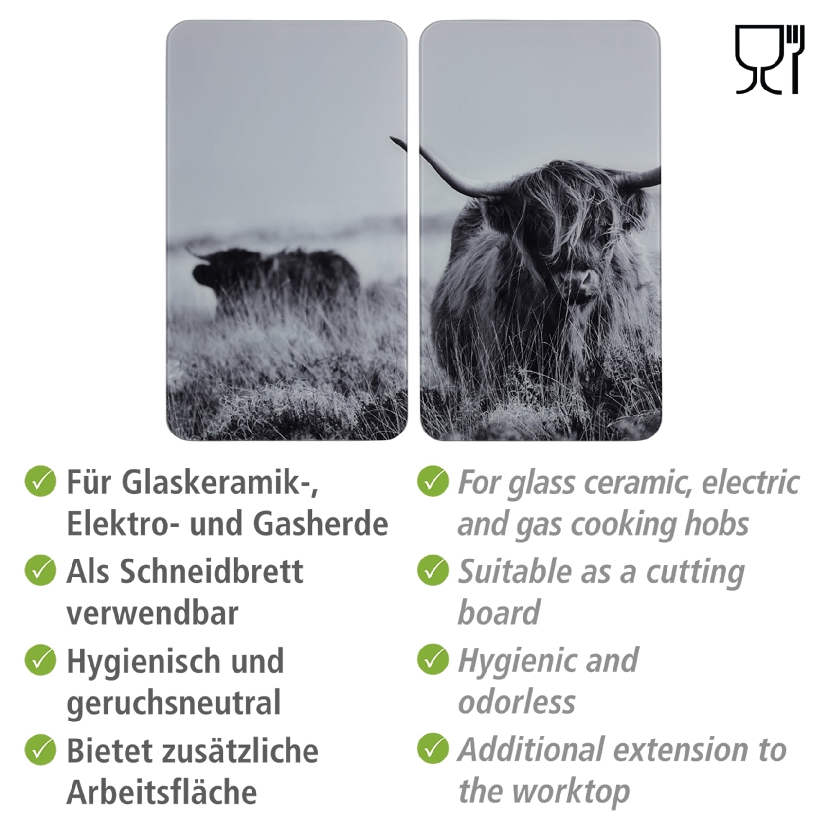 WENKO Herd-Abdeckplatte »Universal Modell Highland Cattle«, (Set, 2 tlg.), Herdabdeckung für alle Herdarten, kratzfest, mit rutschfesten Füßen