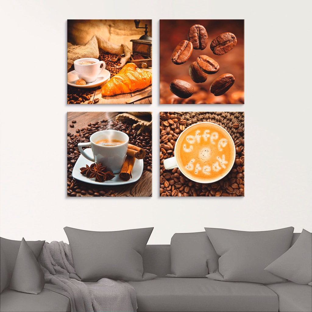 Artland Glasbild »Kaffeetasse Croissant Kaffeebohnen«, Getränke, (4 St.)