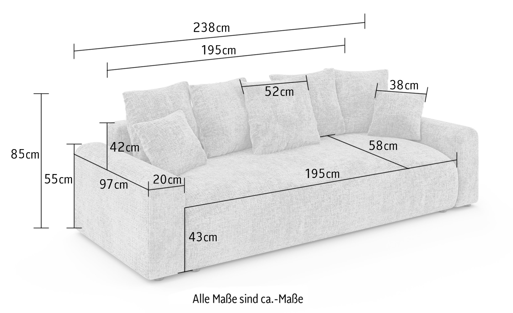 Home affaire Big-Sofa »LAKESIDE klein 3-Sitzer Schlafsofa mit Bettkasten, Breite 238 cm« Liegefläche 149x195 cm, hoher Sitzkomfort, Maße B/T/H: 238/98/85cm