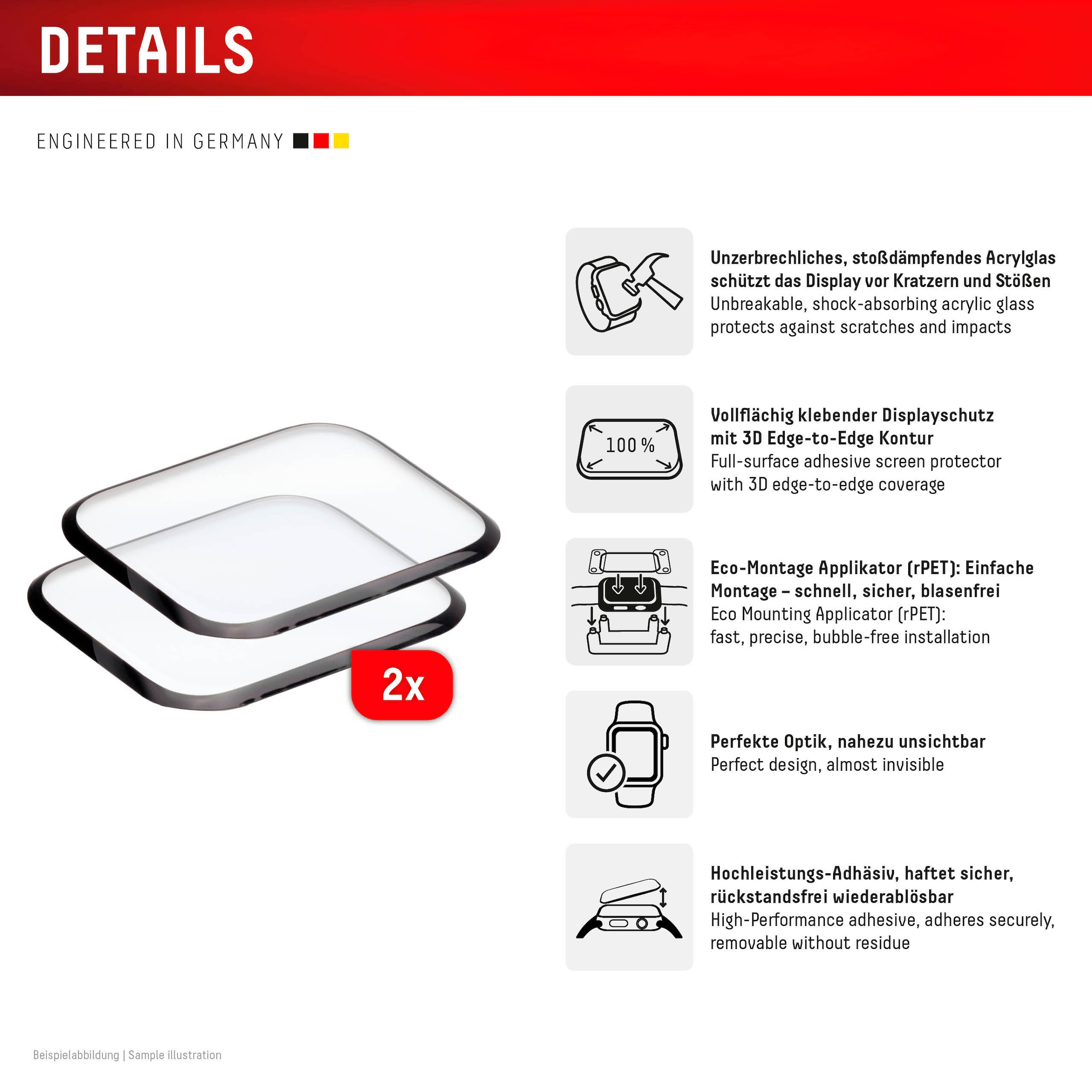 Displex Displayschutzglas »Smartwatch Glass Unbreakable Protector Full Cover« für Apple Watch Series 10 42 mm;Apple Watch Series 11 42 mm Packung, 2x Acrylglas Protector,  Displayschutzfolie, Schutzfolie, Bildschirmschutz, kratz- & stoßfest