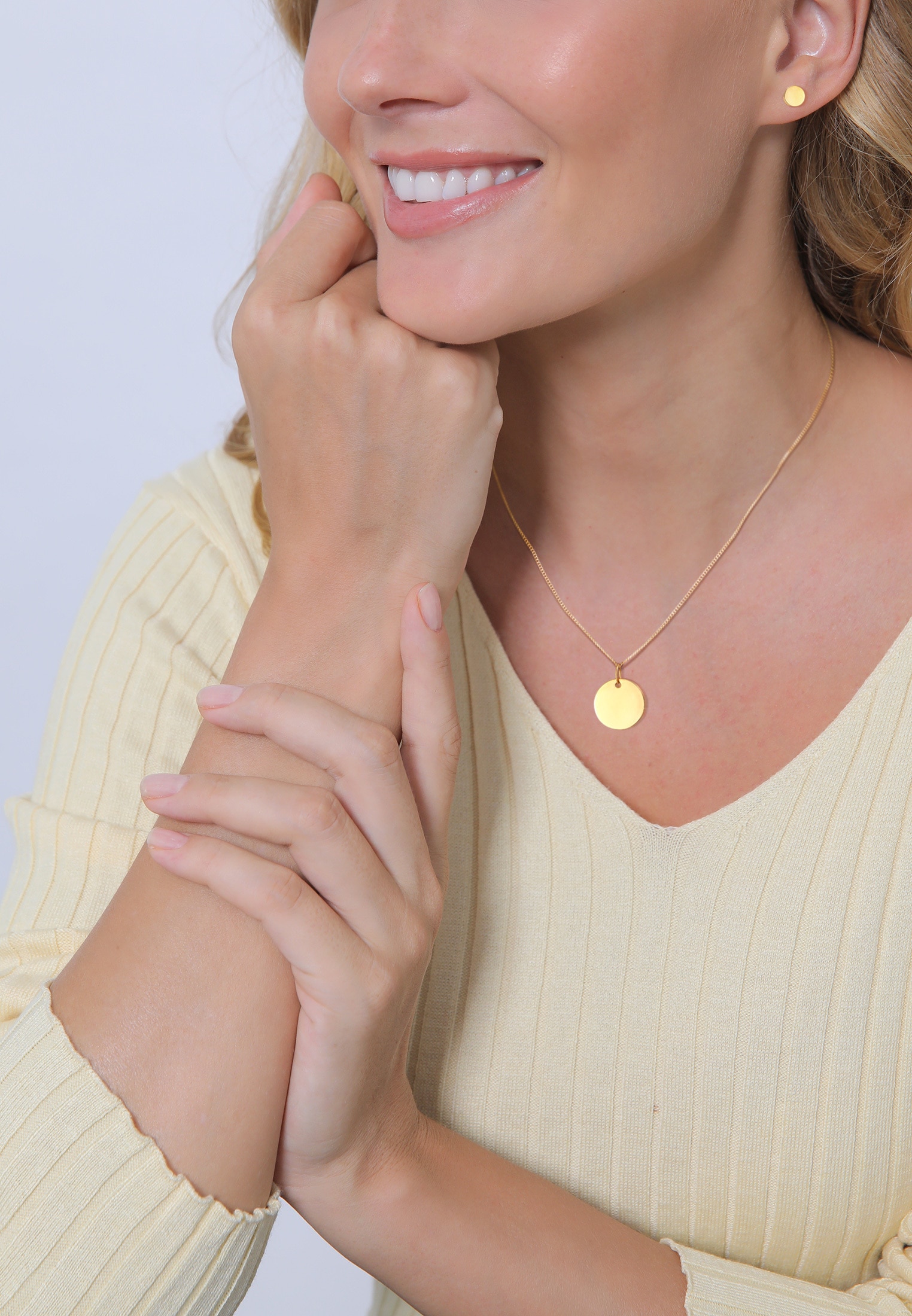 Elli Premium Ohrring und Ketten Set »Schmuckset Plättchen Halskette Ohrstecker Basic 585 Gelbgold«