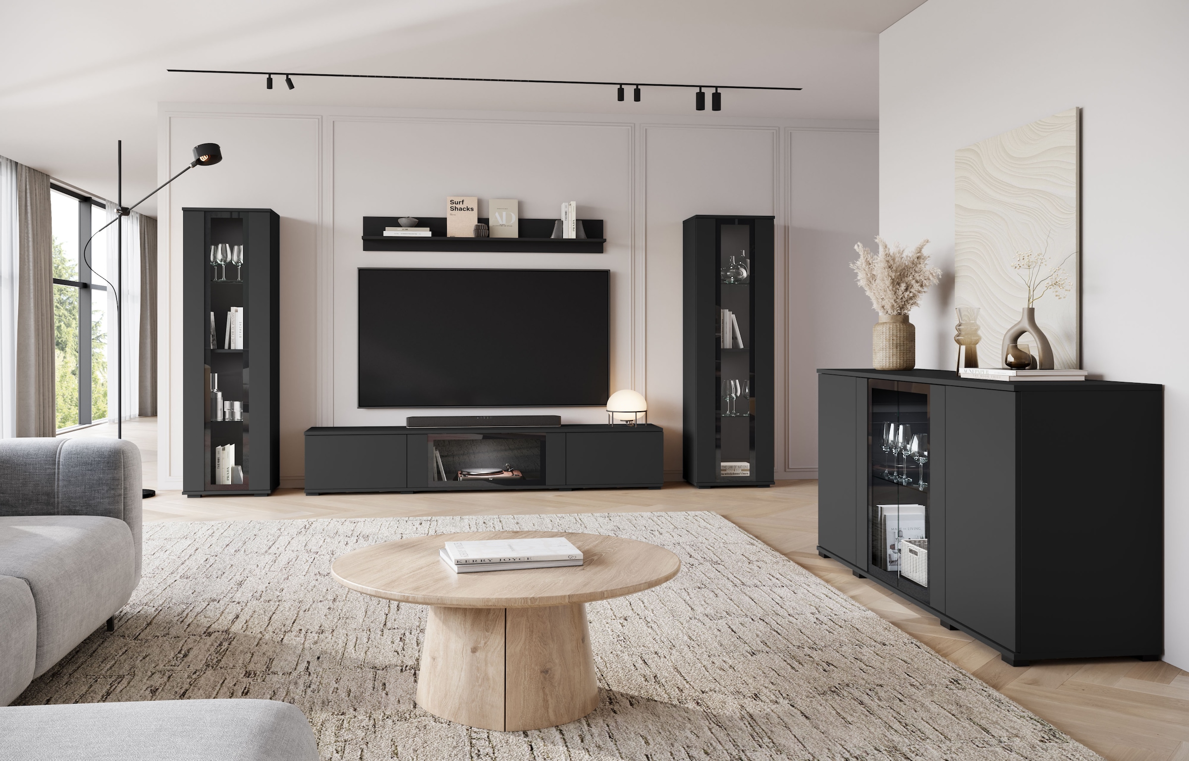 INOSIGN Wohnwand »Caro, stehend und hängend montierbar«, (Komplett-Set, 4 St., Vitrine Türanschlag links/rechts wechselbar), grifflose Design, höhenverstellbare Einlegeböden