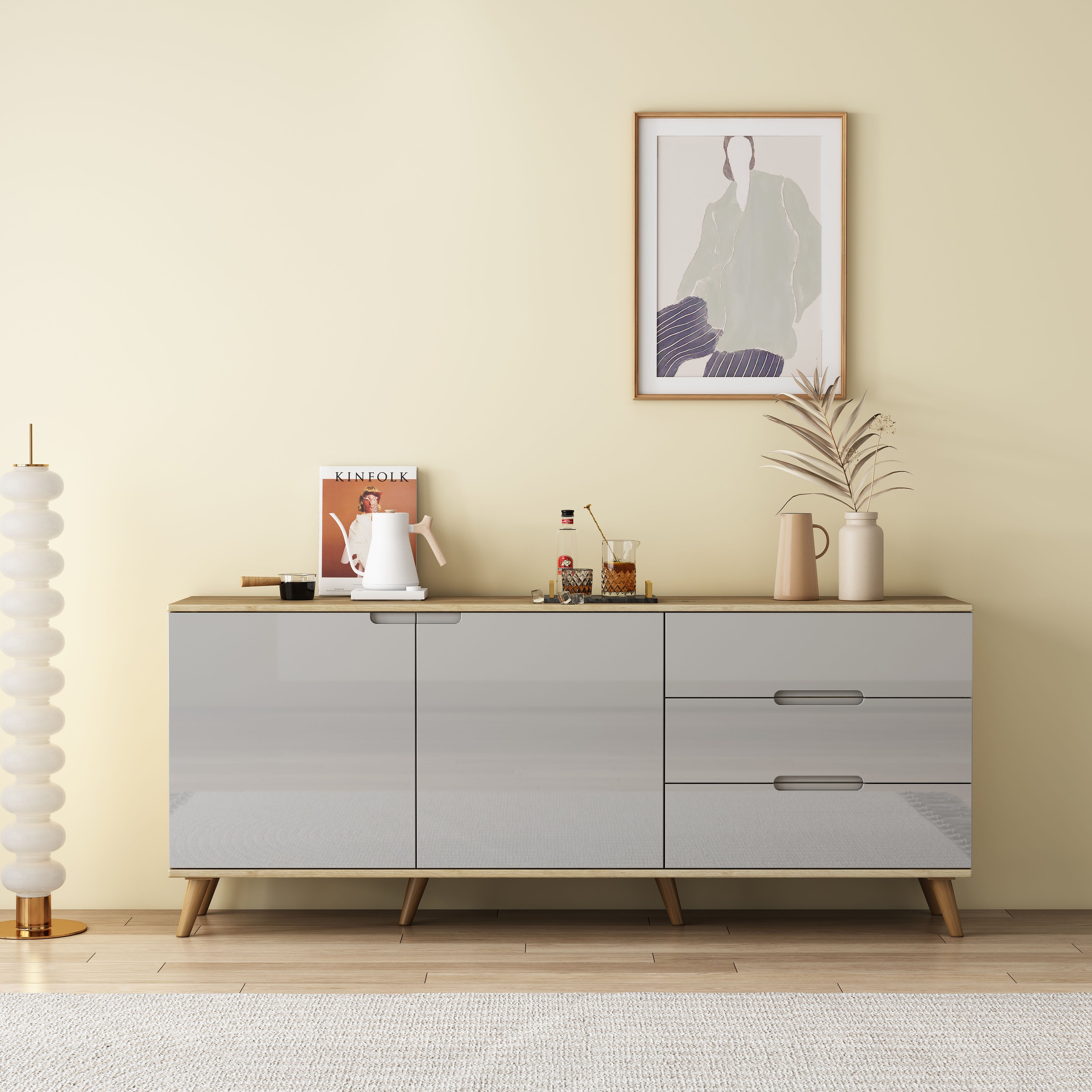 OTTO home Sideboard »Lund« mit glänzenden Fronten, Griffmulden, helles Holzdekor, Breite 180 cm