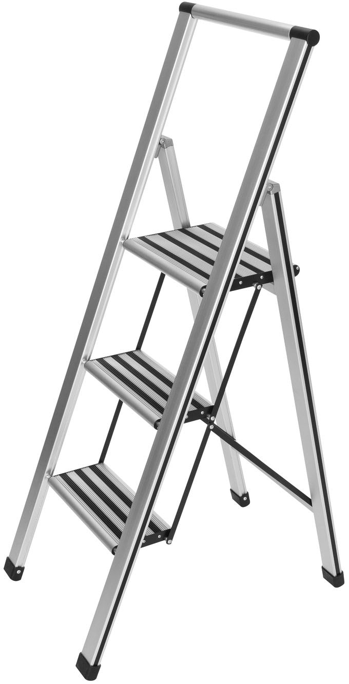 WENKO Trittleiter, 3-stufig, inkl. Leiternhalter, XXL-Stufen, flach klappbar, Aluminium