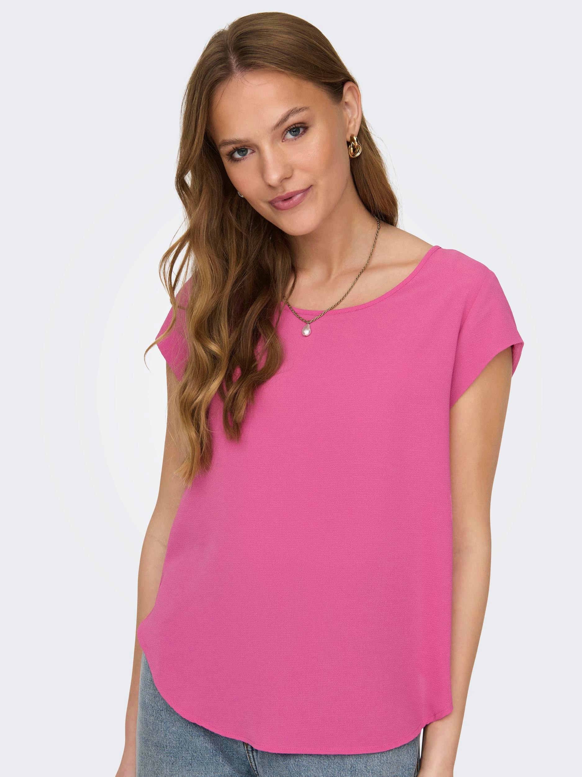 ONLY Kurzarmbluse »ONLVIC – feminines Blusenshirt in lockerer Form«, regular fit, Web, Kunstfaser, Rundhals, unifarben