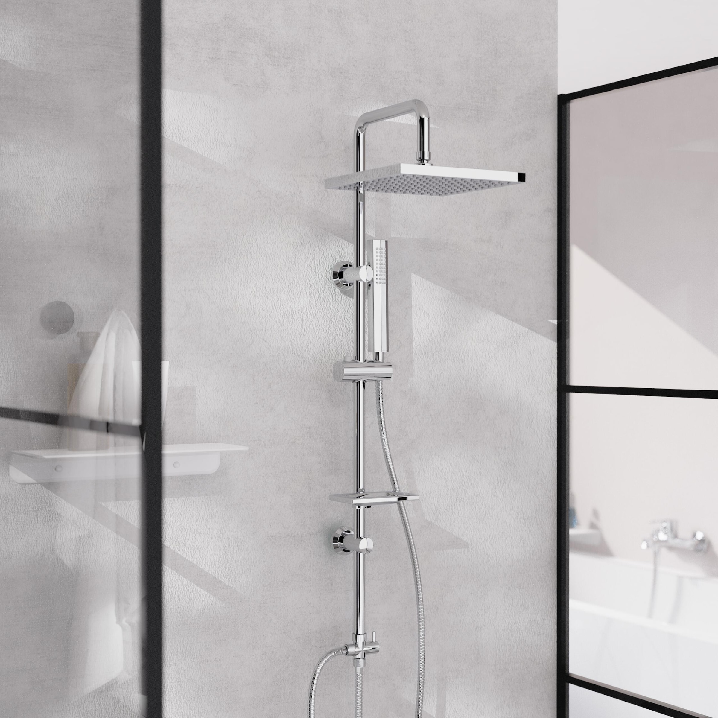 welltime Stangenbrause-Set »LINA« Überkopfbrause mit Seifenablage, 20 cm Kantenlänge.
