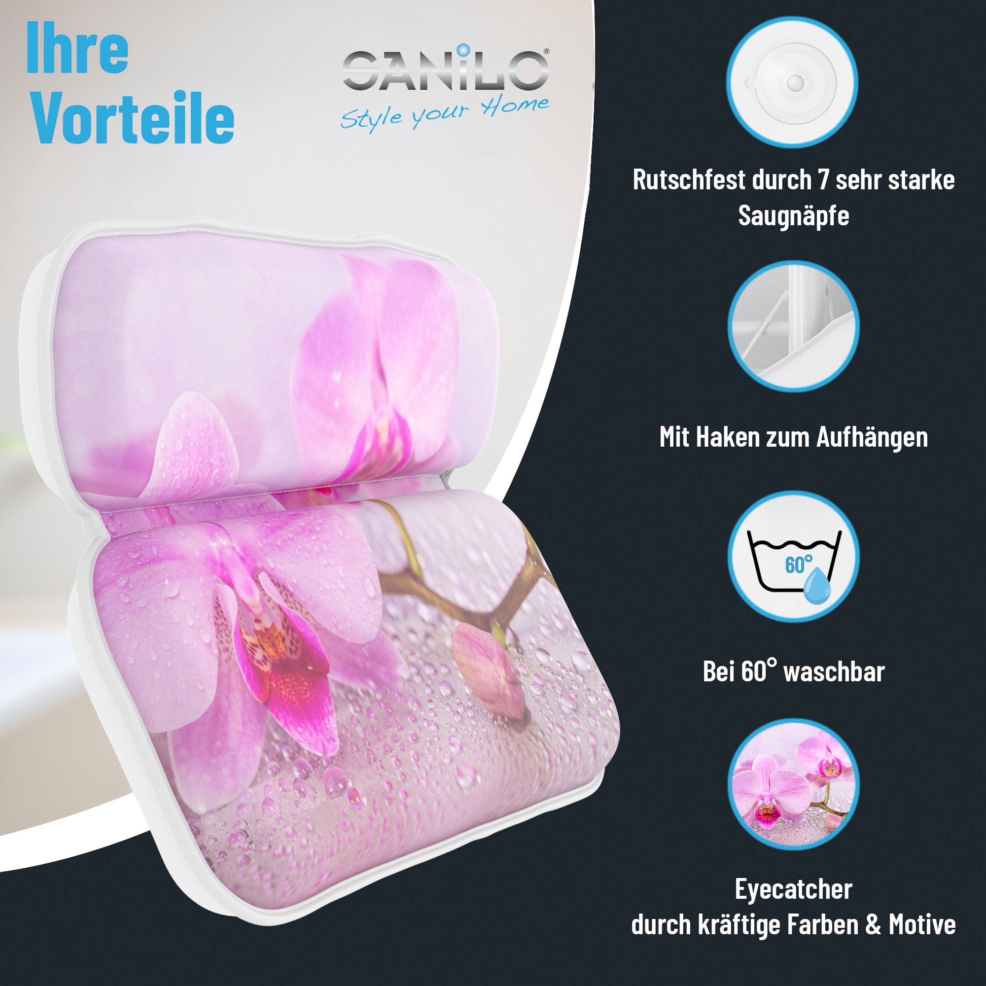 Sanilo Nackenkissen »Badewannenkissen Blooming«, bequem, rutschfest, kräftige Farben, mit 7 starken Saugnäpfen