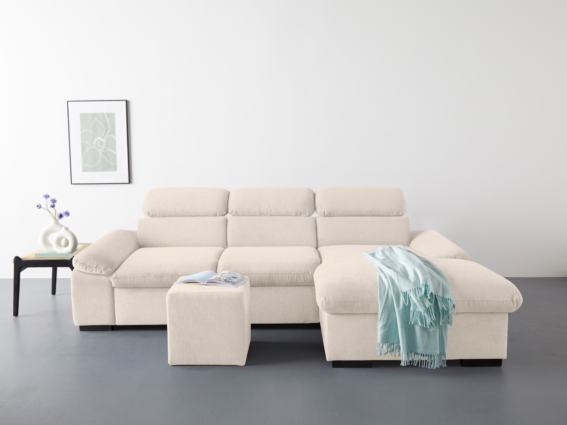 COTTA Ecksofa »Lola L-Form mit Kopfteilfunktion & Hocker«, (Set, mit Hocker), wahlweise mit Bettfunktion, Bettkasten & Armteilverstellung