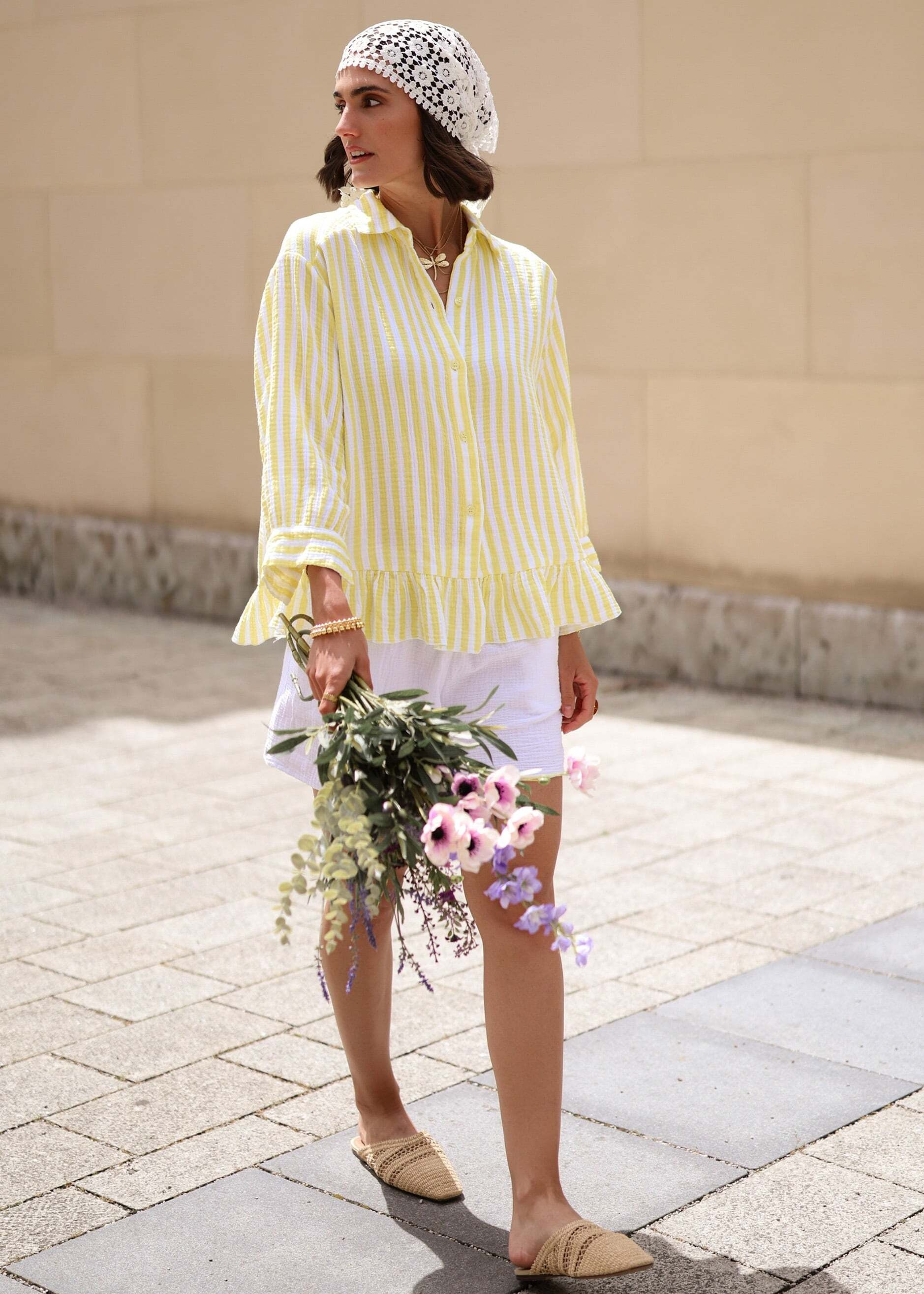 SASSYCLASSY Longbluse »Gestreifte Musselin Bluse mit Rüschensaum« Oversized Baumwollbluse mit Rüschensaum und 3/4 Ärmel Gelb