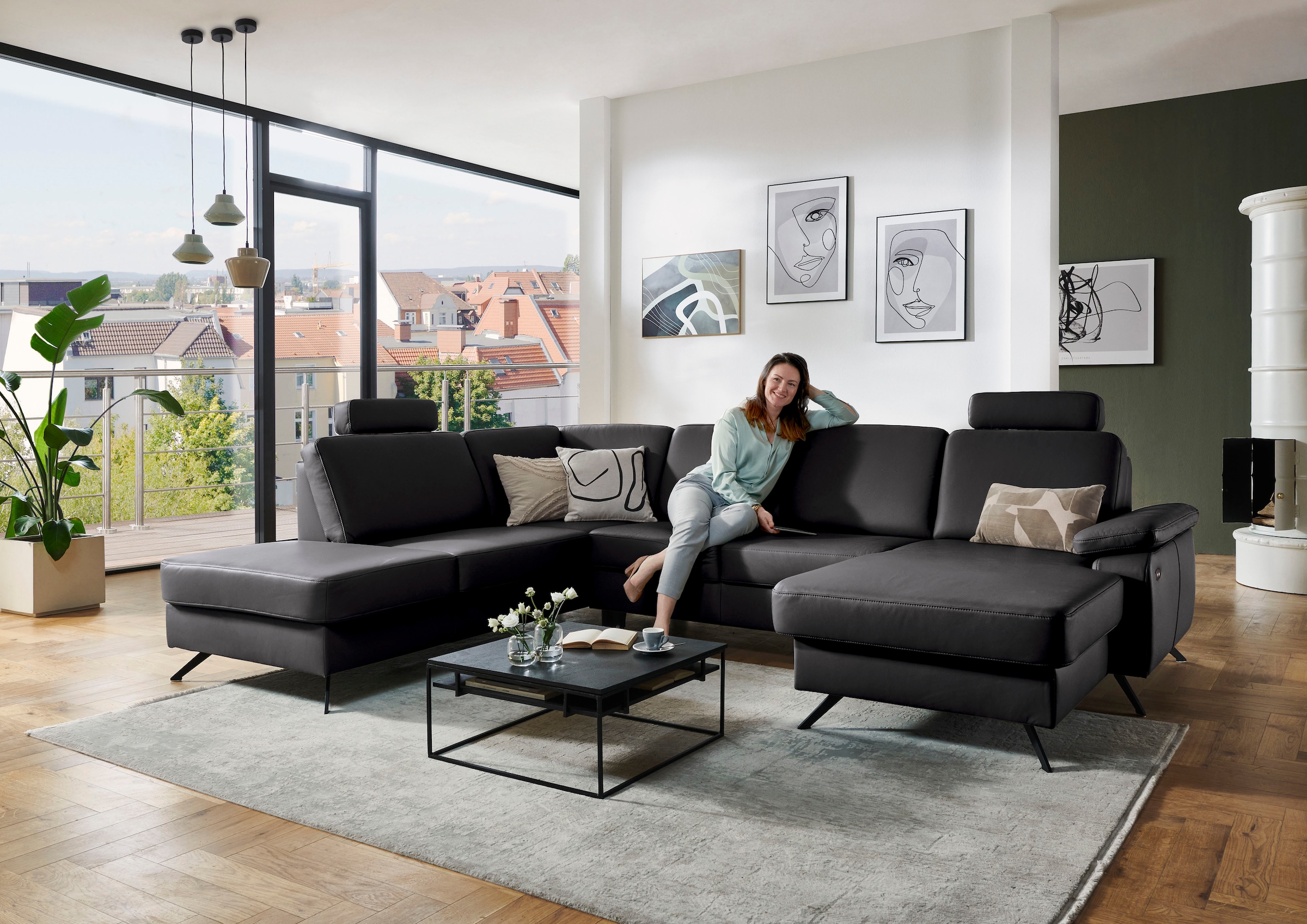 Die PlanBar Wohnlandschaft »PN-EM15047 U-Form, mit Kopfstützen« Echtleder, wahlweise mit Bettfunktion u. Stauraum