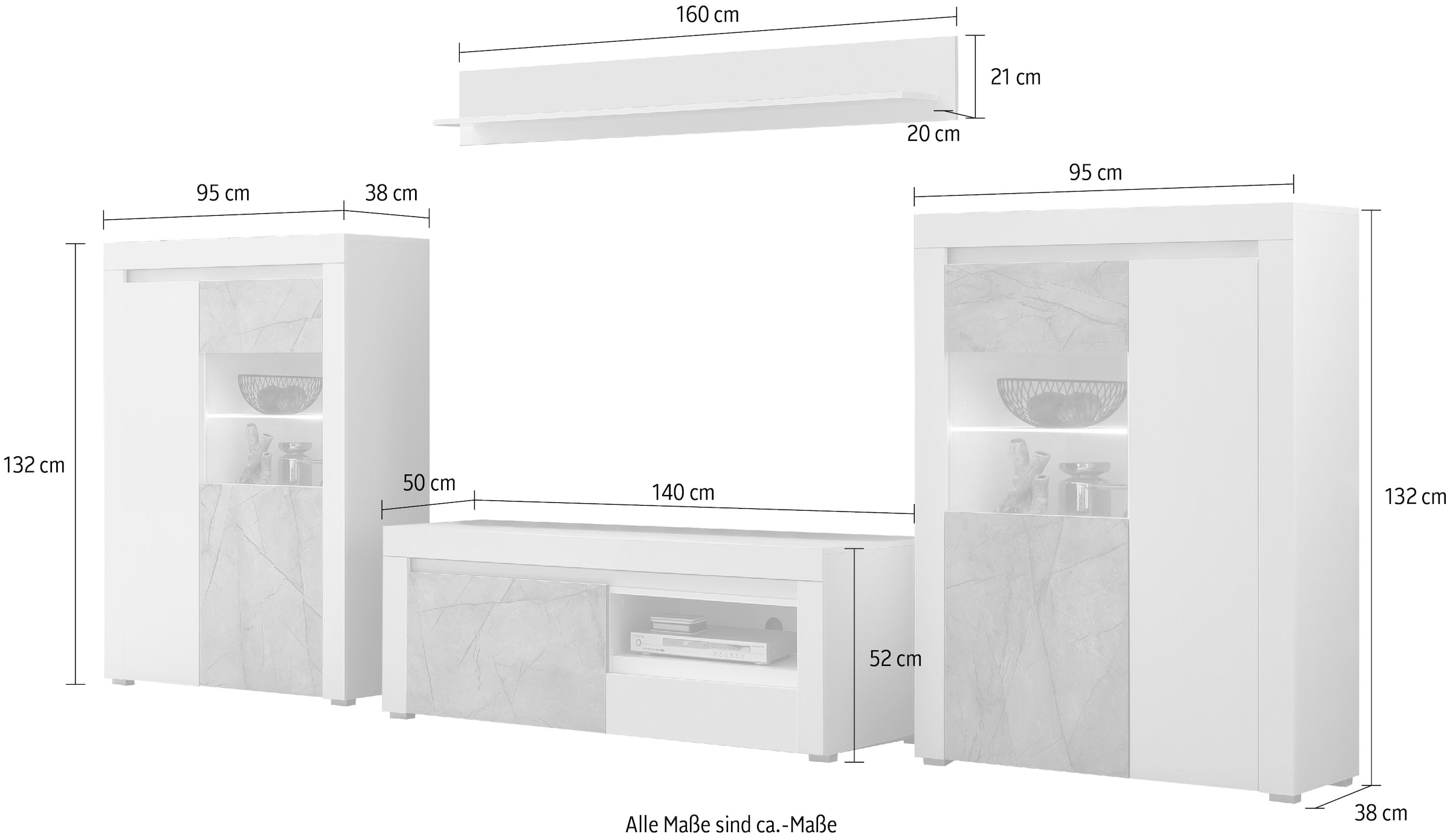 Home affaire Wohnwand »Stone Marble«, (4 St.), bestehend aus vier  Möbelstücken, in grifflosen Design, Breite 350 cm auf Raten bestellen