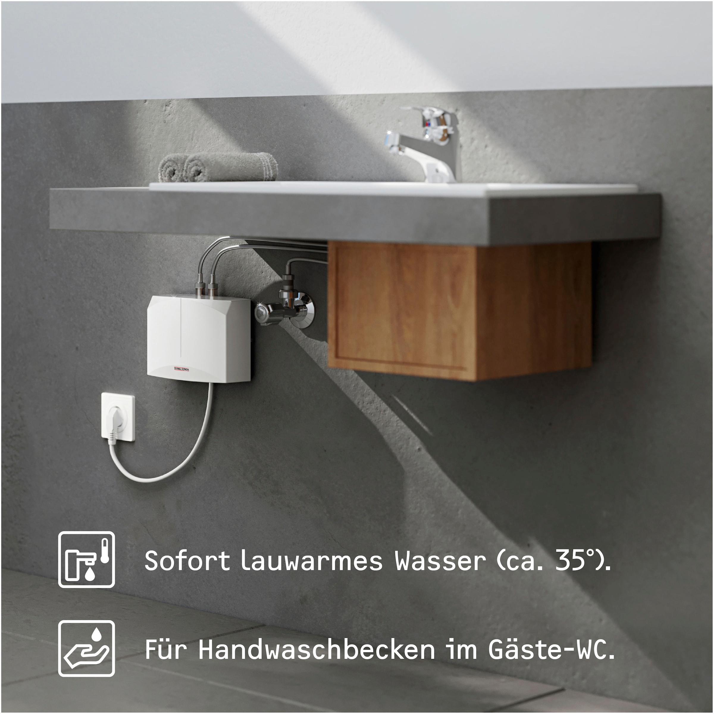 STIEBEL ELTRON Klein-Durchlauferhitzer »DNM 3 für Handwaschbecken, 3,5 kW, mit Stecker«, sofort lauwarmes Wasser (ca. 35°C), steckerfertig