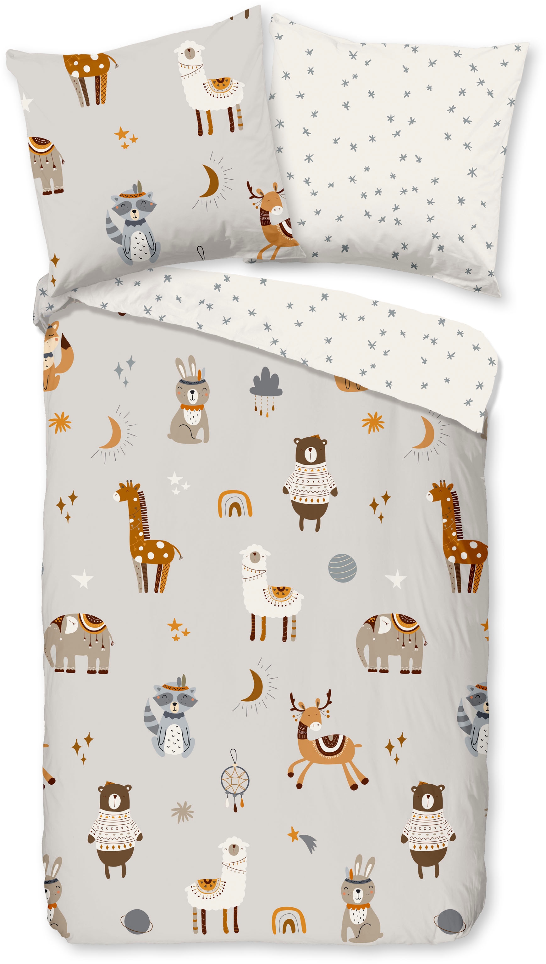 good morning Kinderbettwäsche »Woody«, Baumwolle, 135x200, Reißverschluss, Wende, Kind, Simple, Tier, Grau