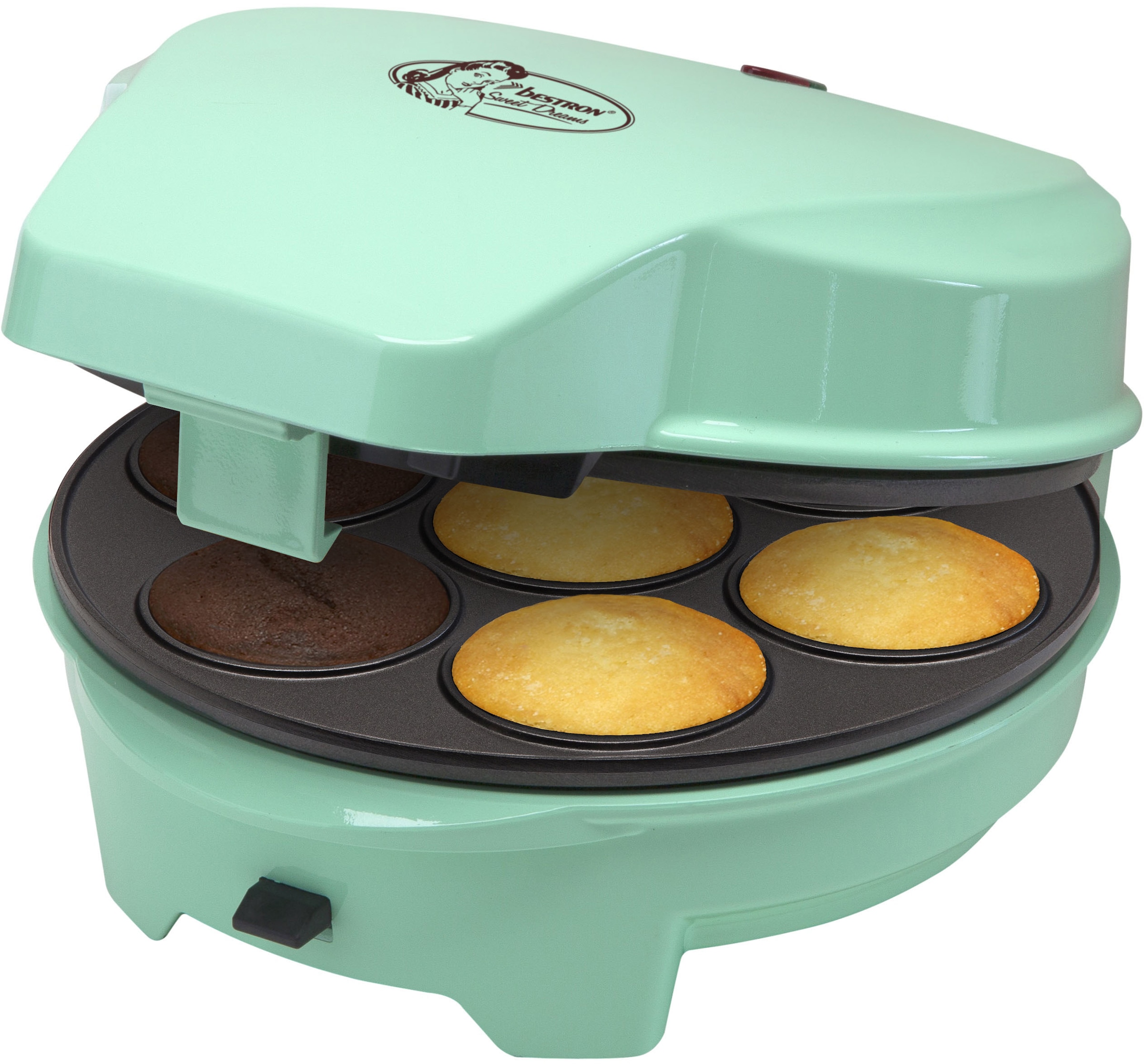 bestron Muffin-Maker »Sweet mit im Jahren Design, 3 Mint Dreams«, und Cakepop Cupcake- auswechselbaren mit 700 antihaftbeschichtet, Garantie Retro Farbe: Backplatten, 3 XXL W, Donut-, Maker