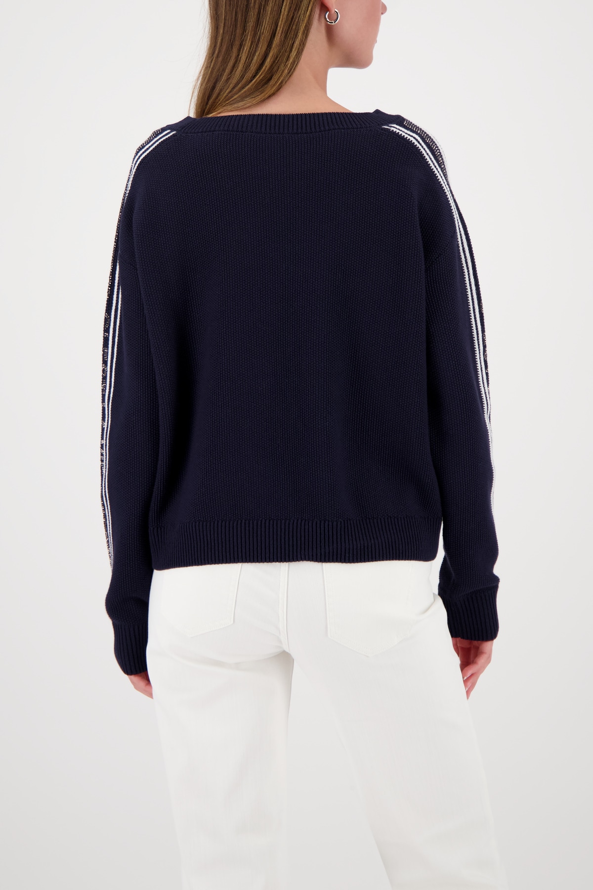 Monari Strickpullover Regular Fit, Streifendetails, Strasssteinschriftzug