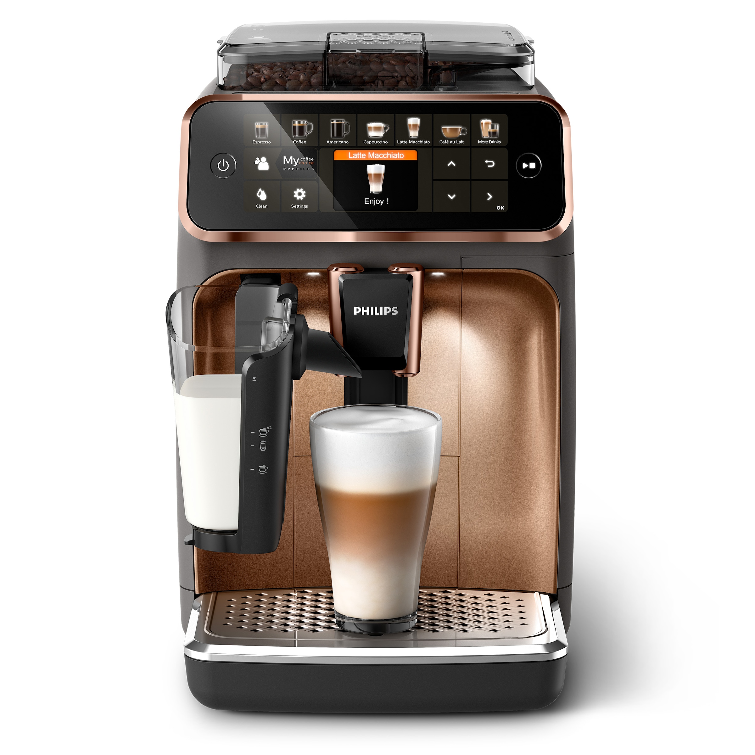 Philips Kaffeevollautomat »5400 Series EP5144/70, mit LatteGo-Milchsystem«, 12 Kaffeespezialitäten und 4 Benutzerprofilen; Grau/Kupfer verchromt