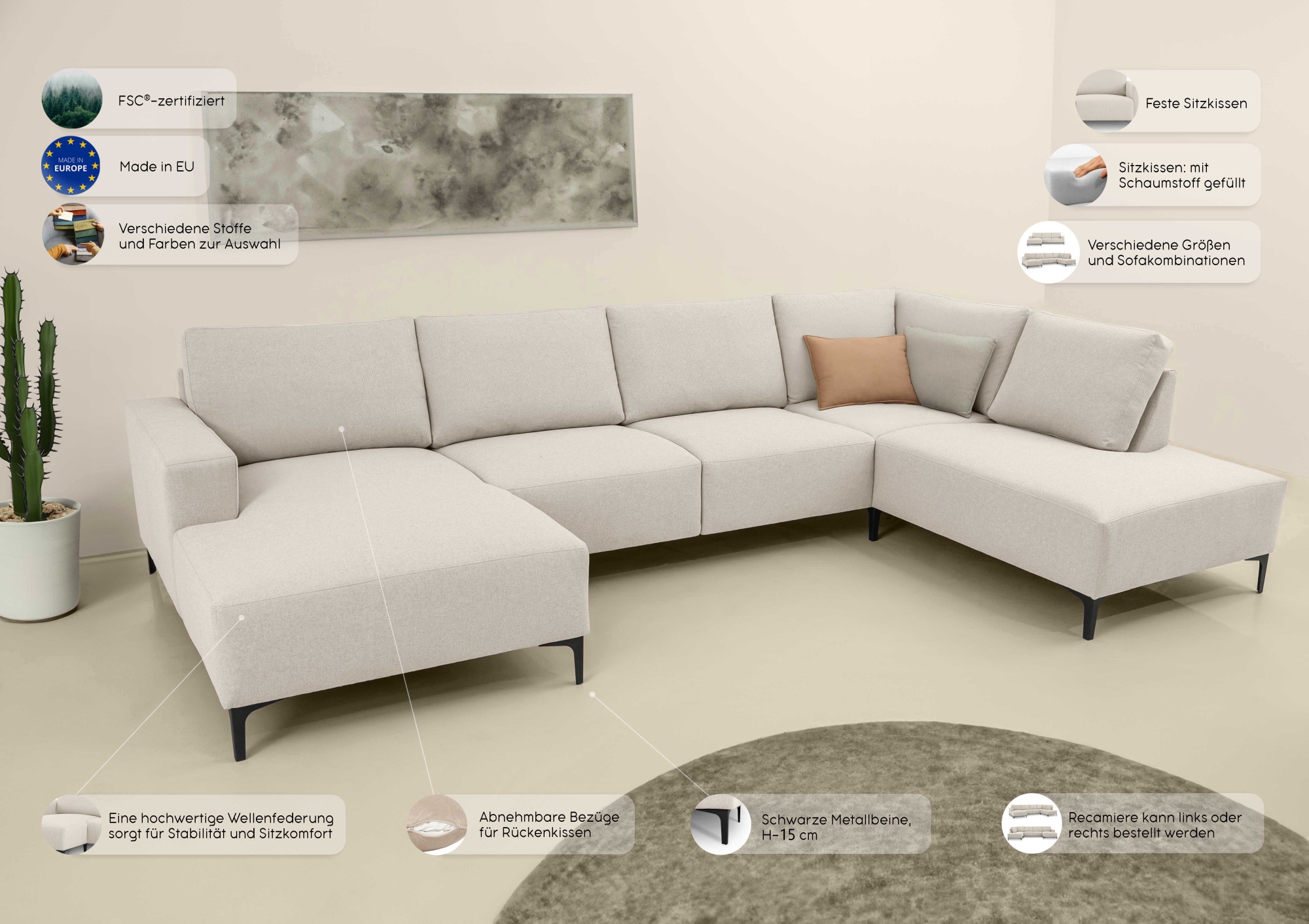 Home affaire Wohnlandschaft »Tournon U-Form, XXL Sofa, Breite 333 cm, Webstoff, Chenille«, Designsofa im nordischen Stil, Wellenunterfederung, Metallfüße