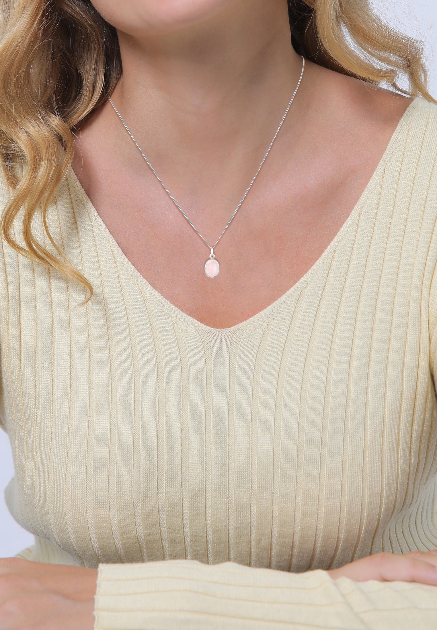Elli Silberkette »Halskette Anhänger Rosenquarz Rosa Oval 925 Silber«