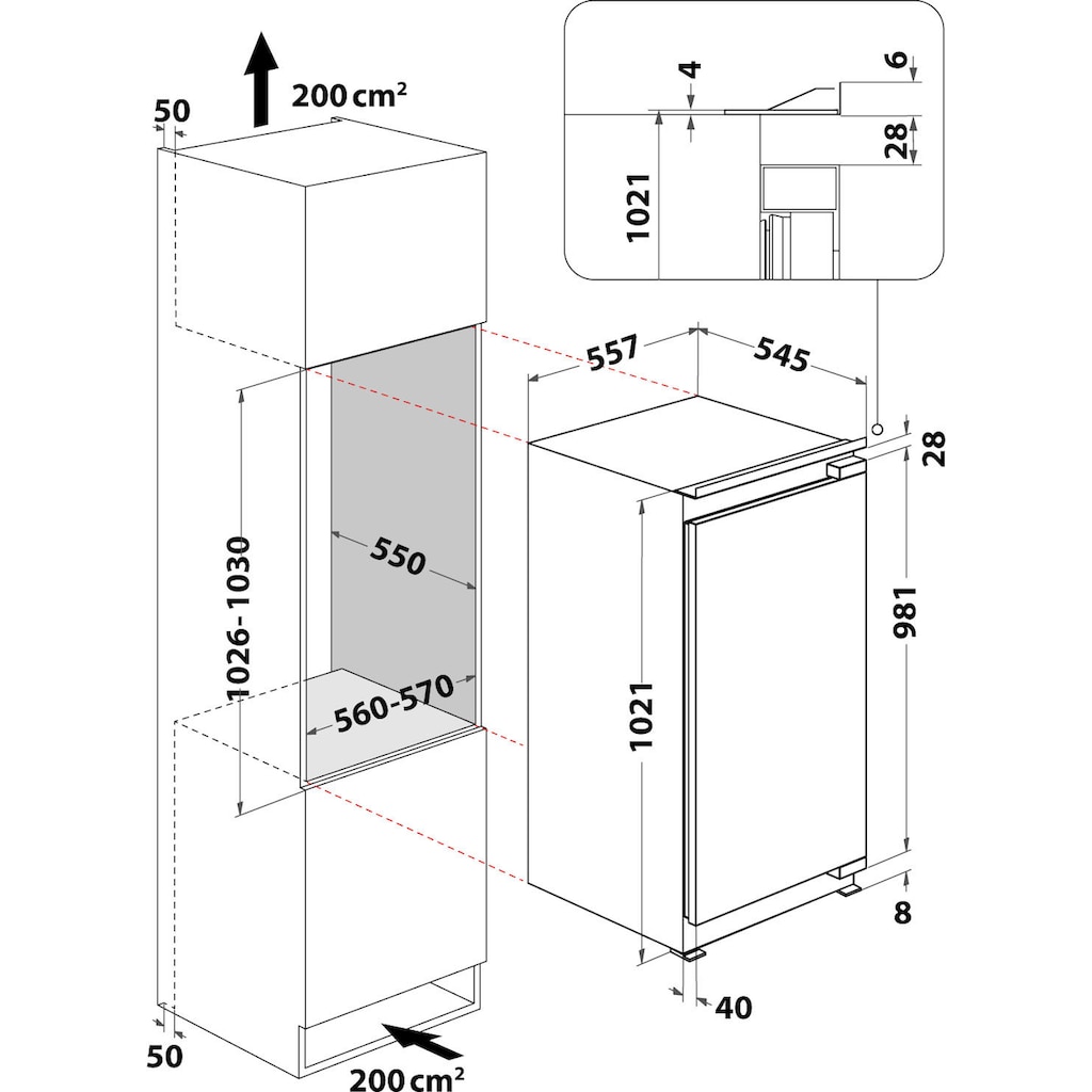 BAUKNECHT Einbaukühlschrank, KSI 10VF2, 102,1 cm hoch, 55,7 cm breit