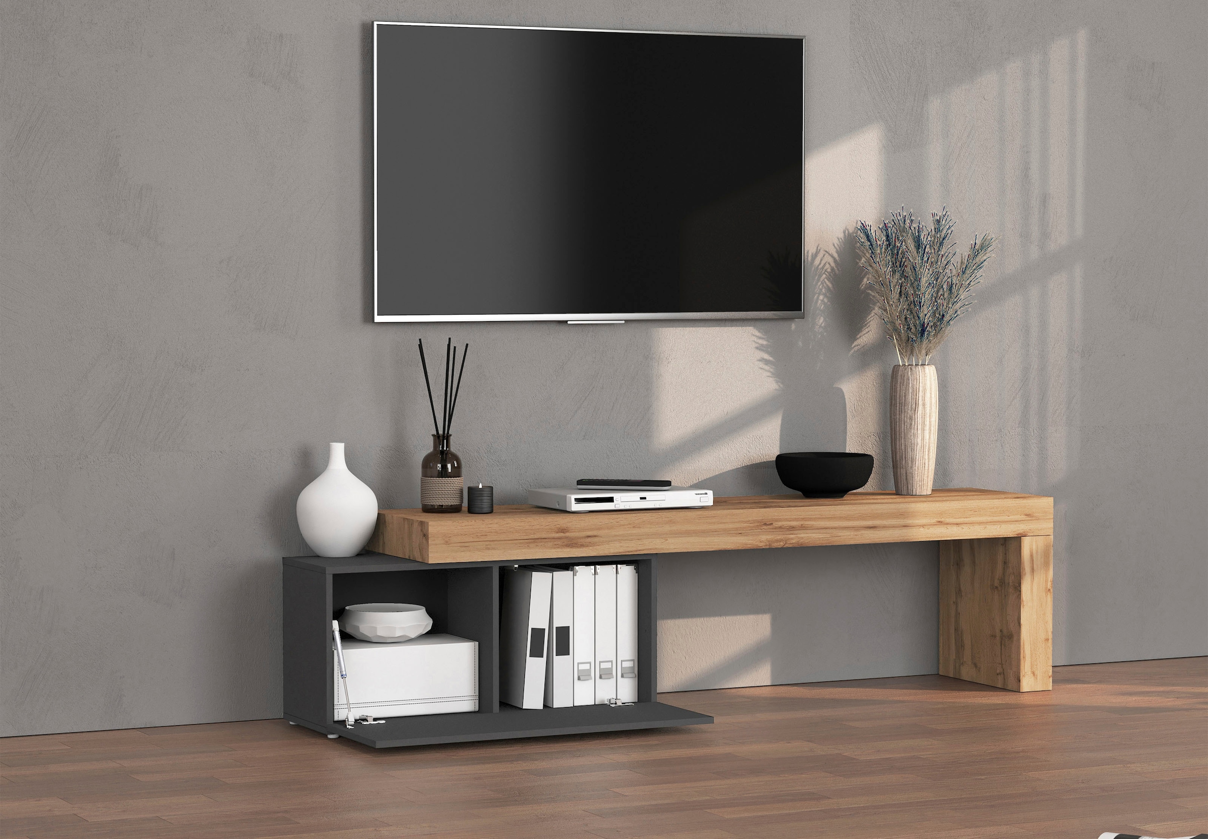 INOSIGN Lowboard »Chronos TV-Board, TV-Schrank« Breite verstellbar von 180 bis 260 cm, 1 Stk. tlg. Breite 220 cm TV-Board,Lowboard,1 Klappe und ein L-Förmiger Aufsatz